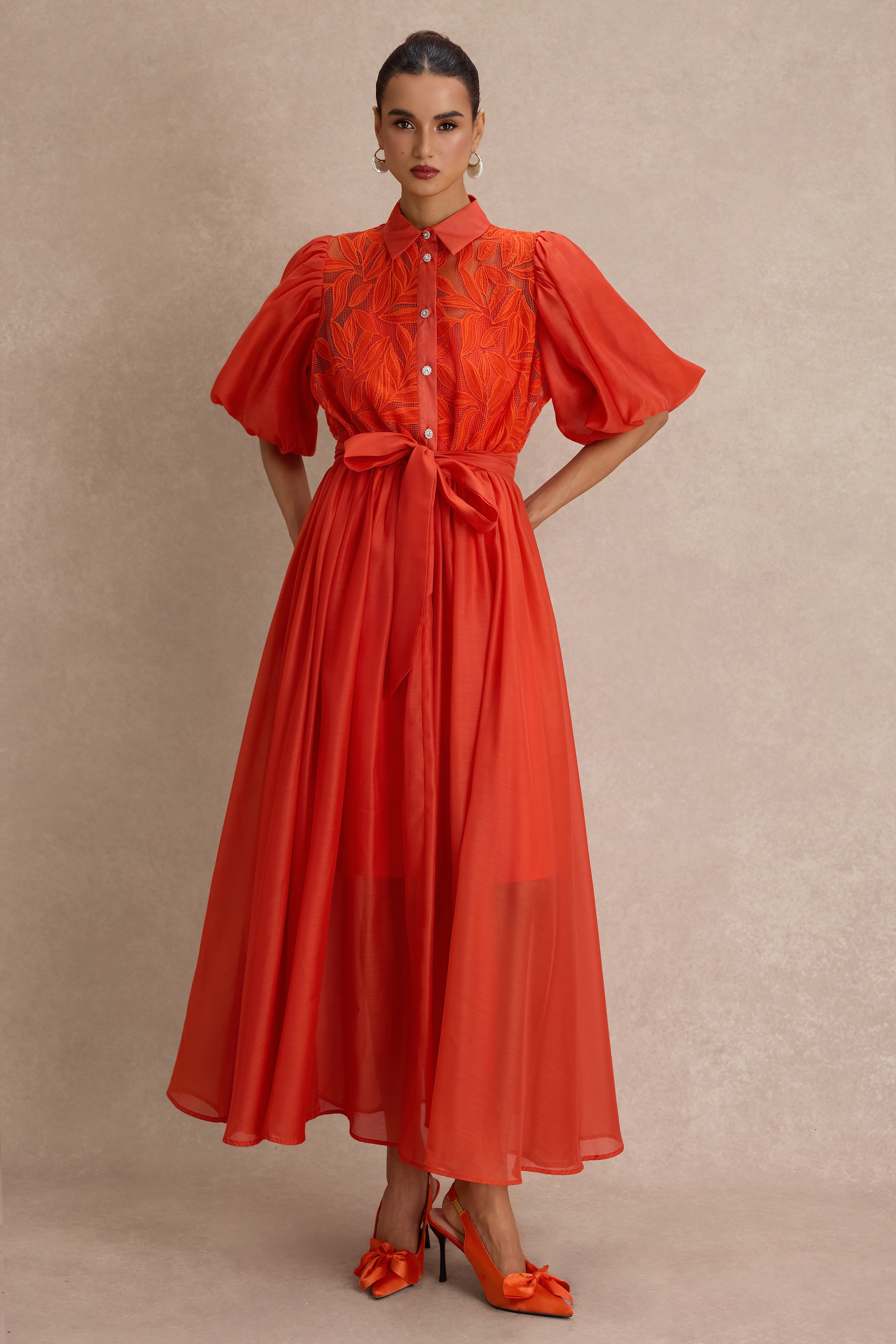 Embroidered Puff Sleeve Flapped Midi Dress