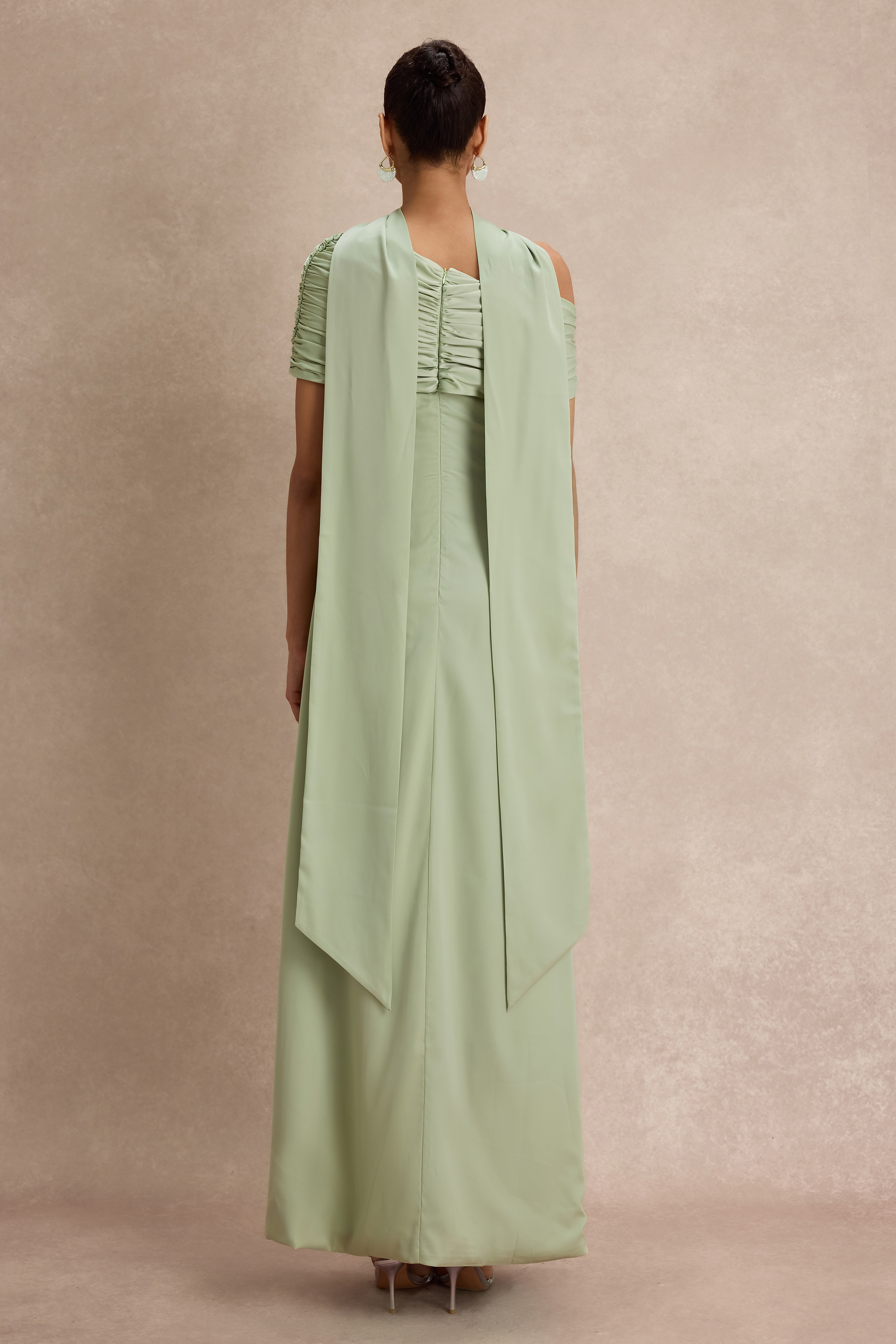 Satin Gathering Skew Collar Maxi Dress