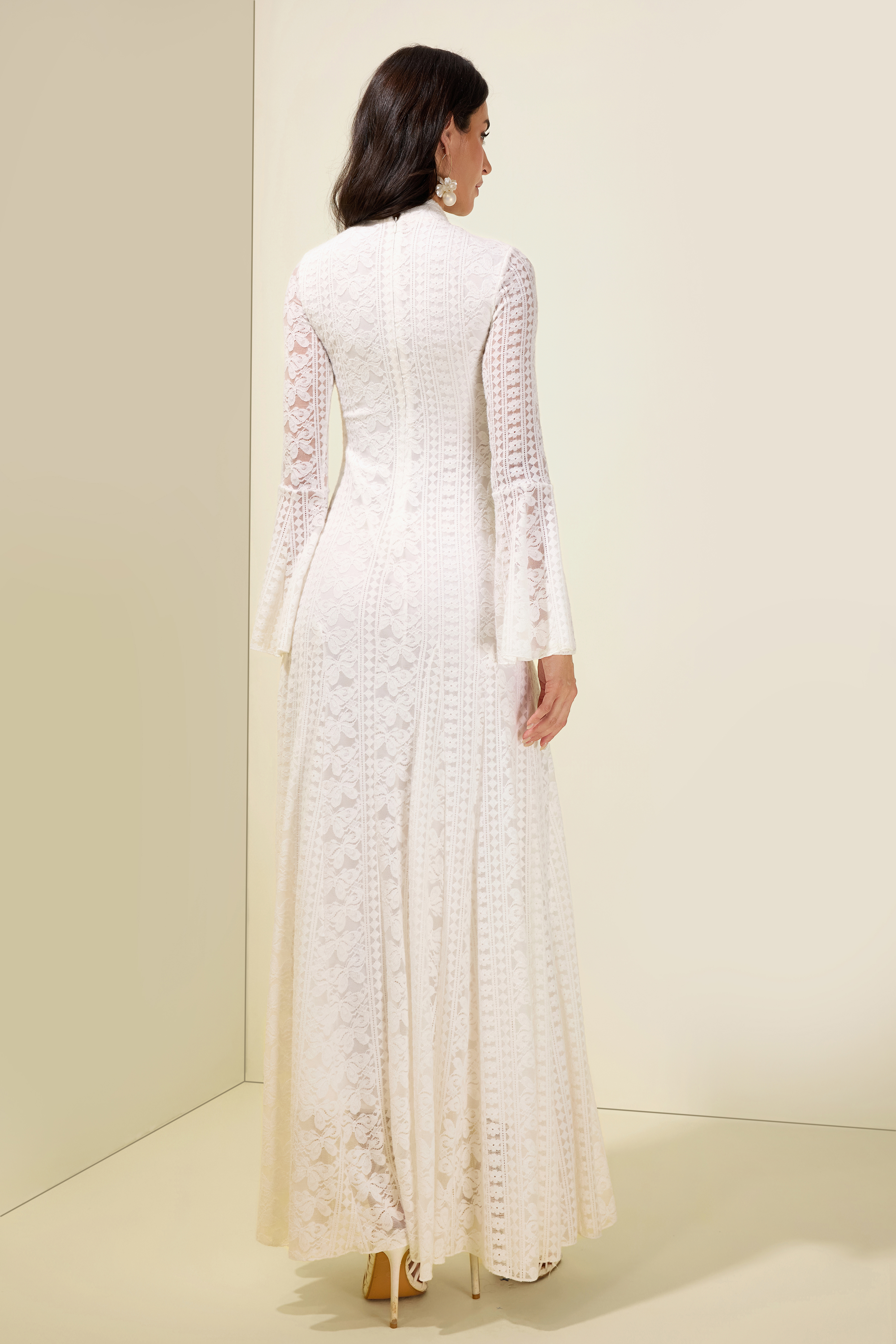 Lace Bell Sleeve Stand Collar Maxi Dress