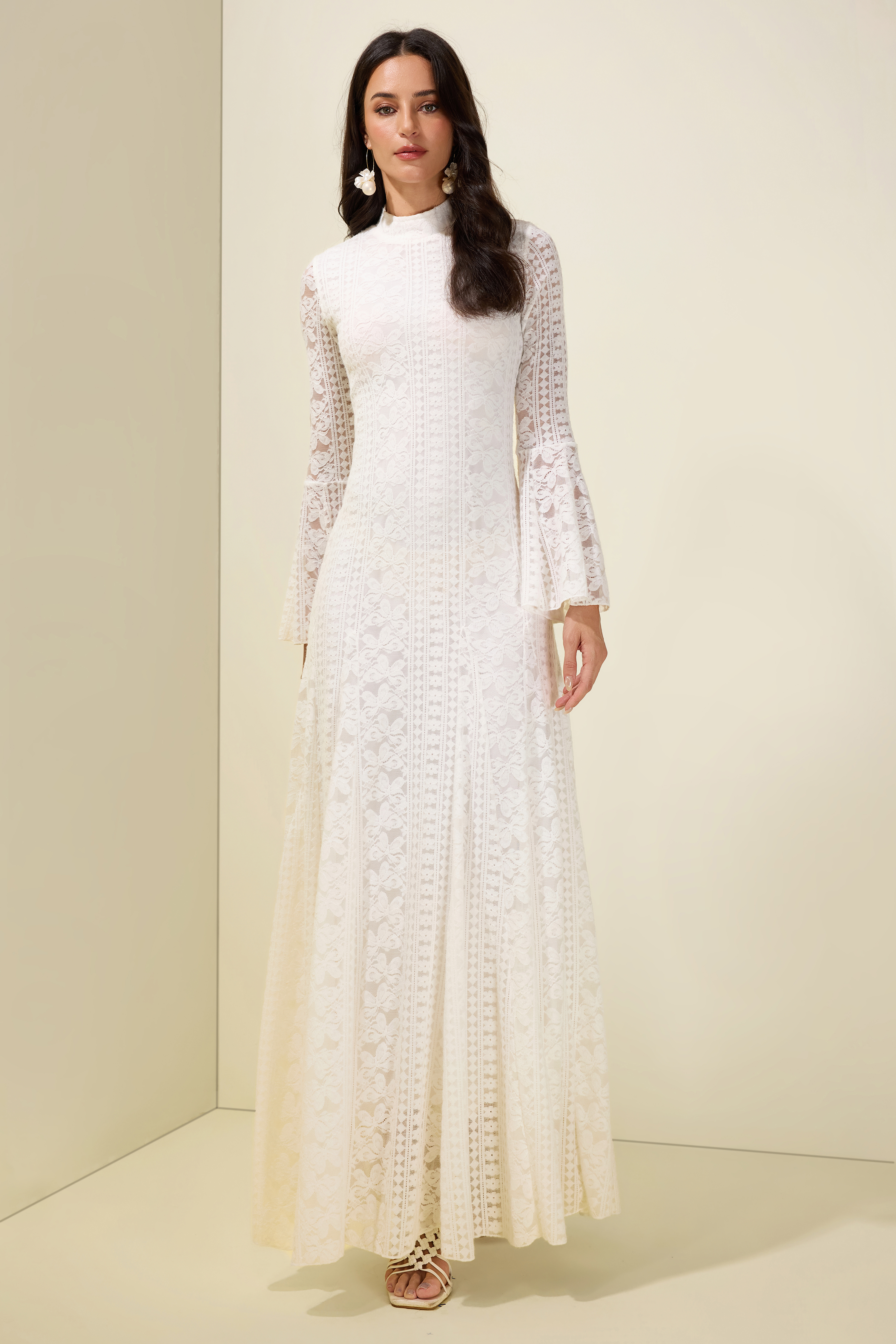 Lace Bell Sleeve Stand Collar Maxi Dress