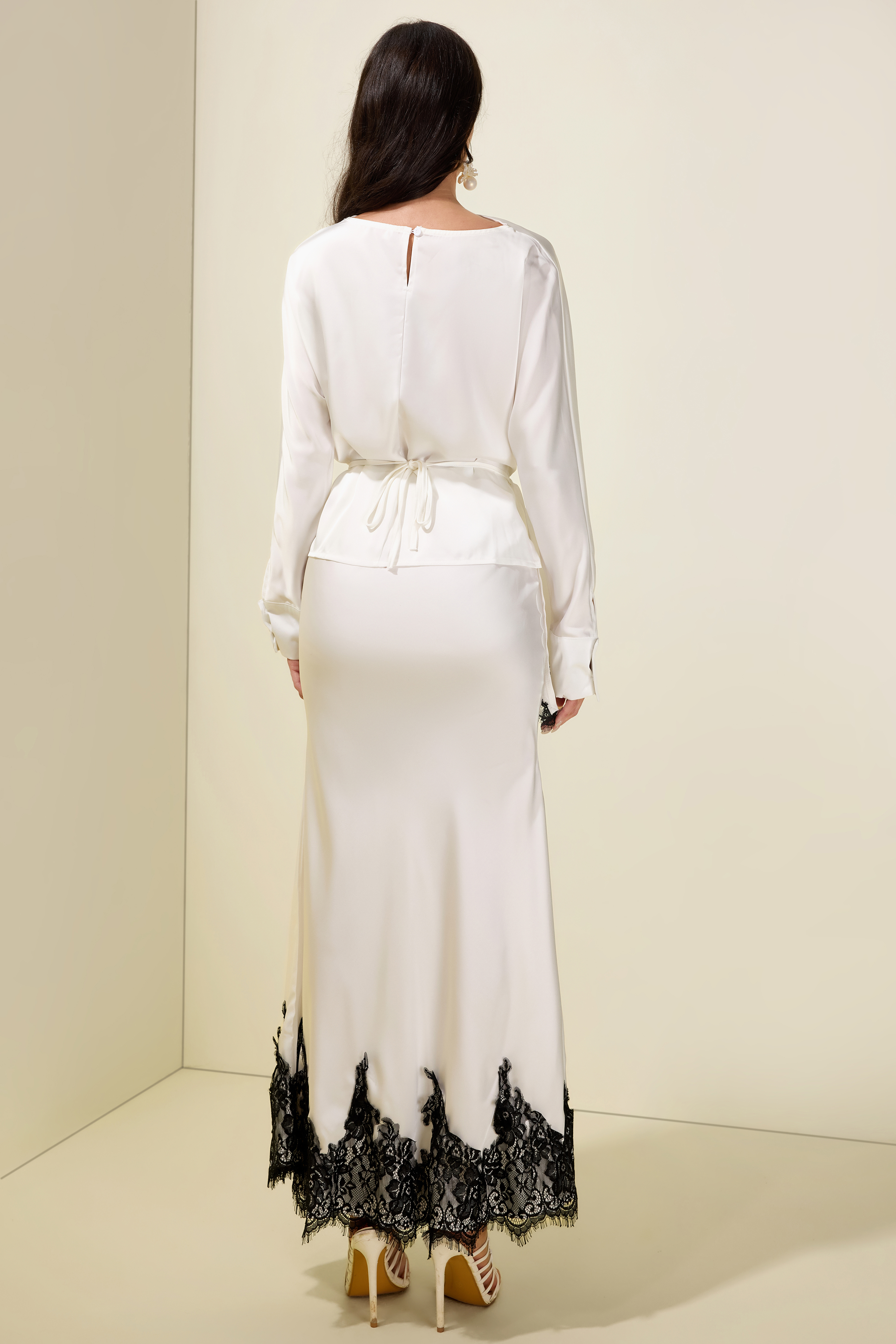 Satin Lace-Up Top & Midi Skirt Set