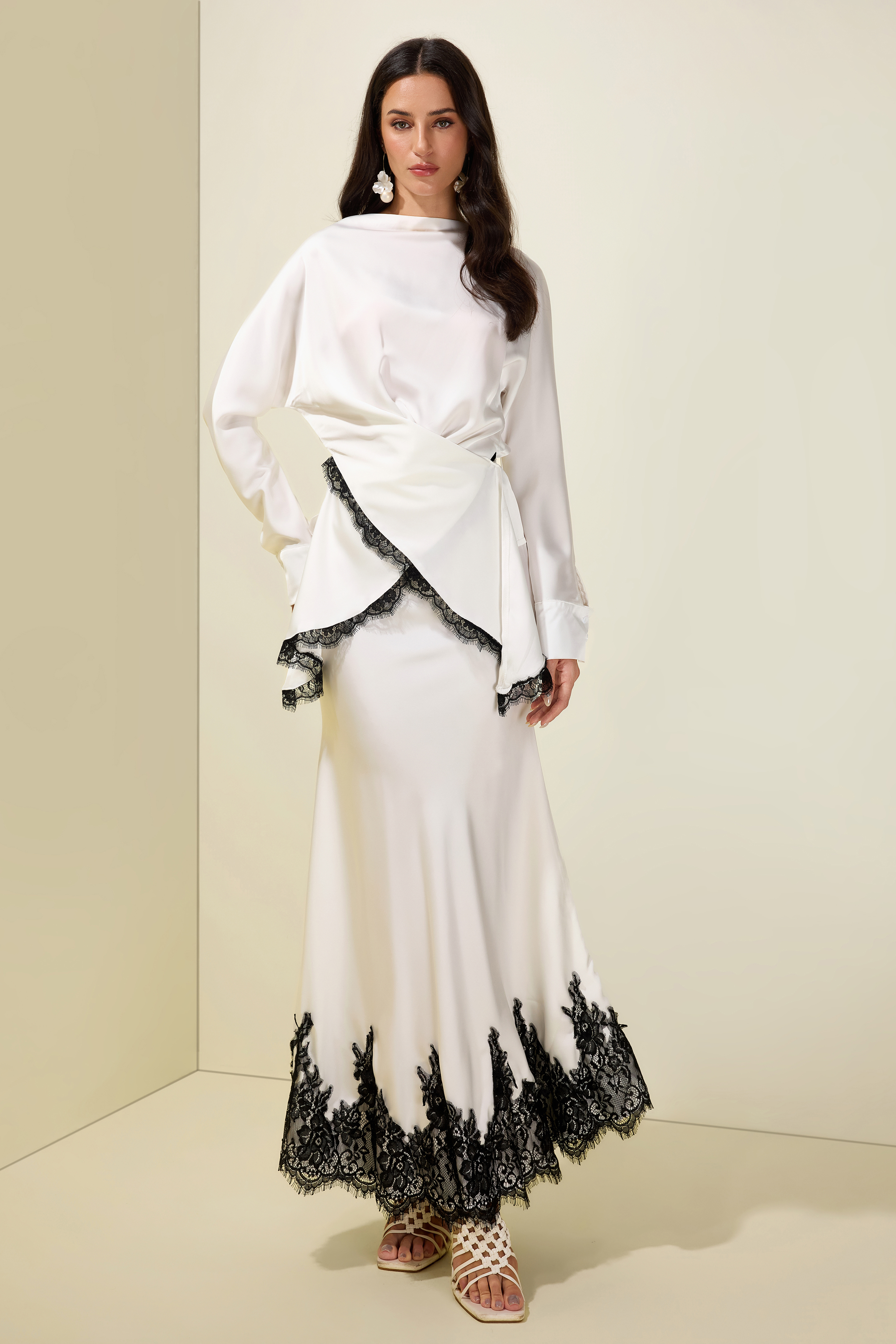 Satin Lace-Up Top & Midi Skirt Set