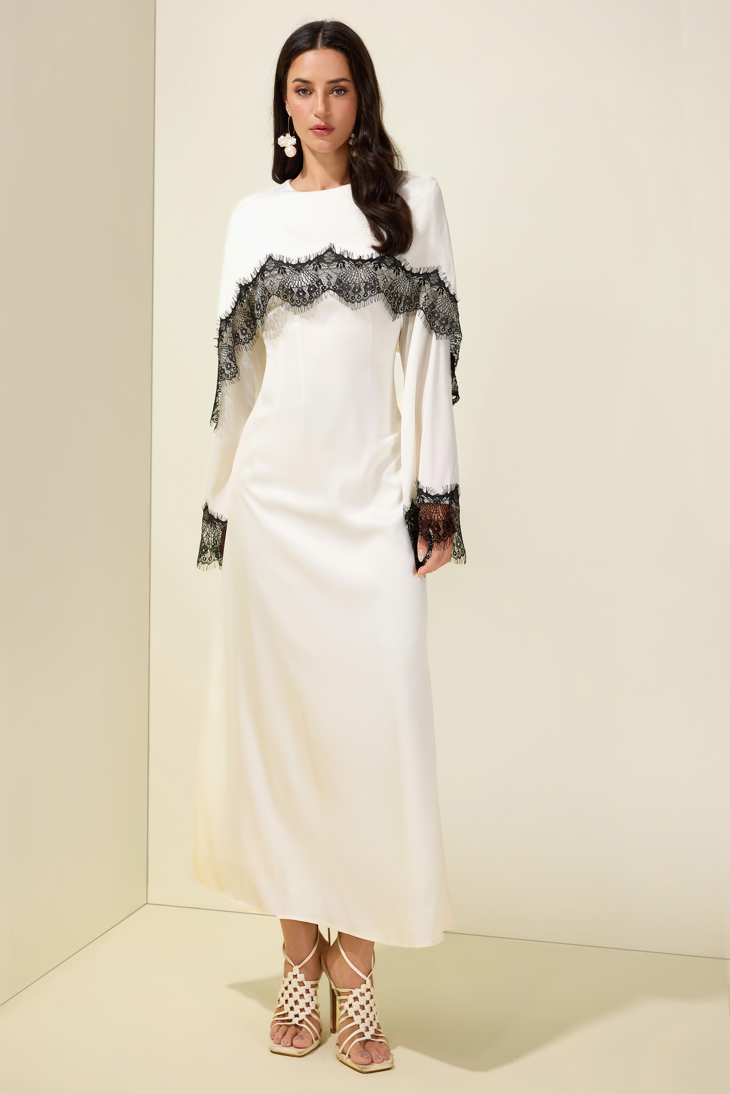 Lace Satin Cape Maxi Dress