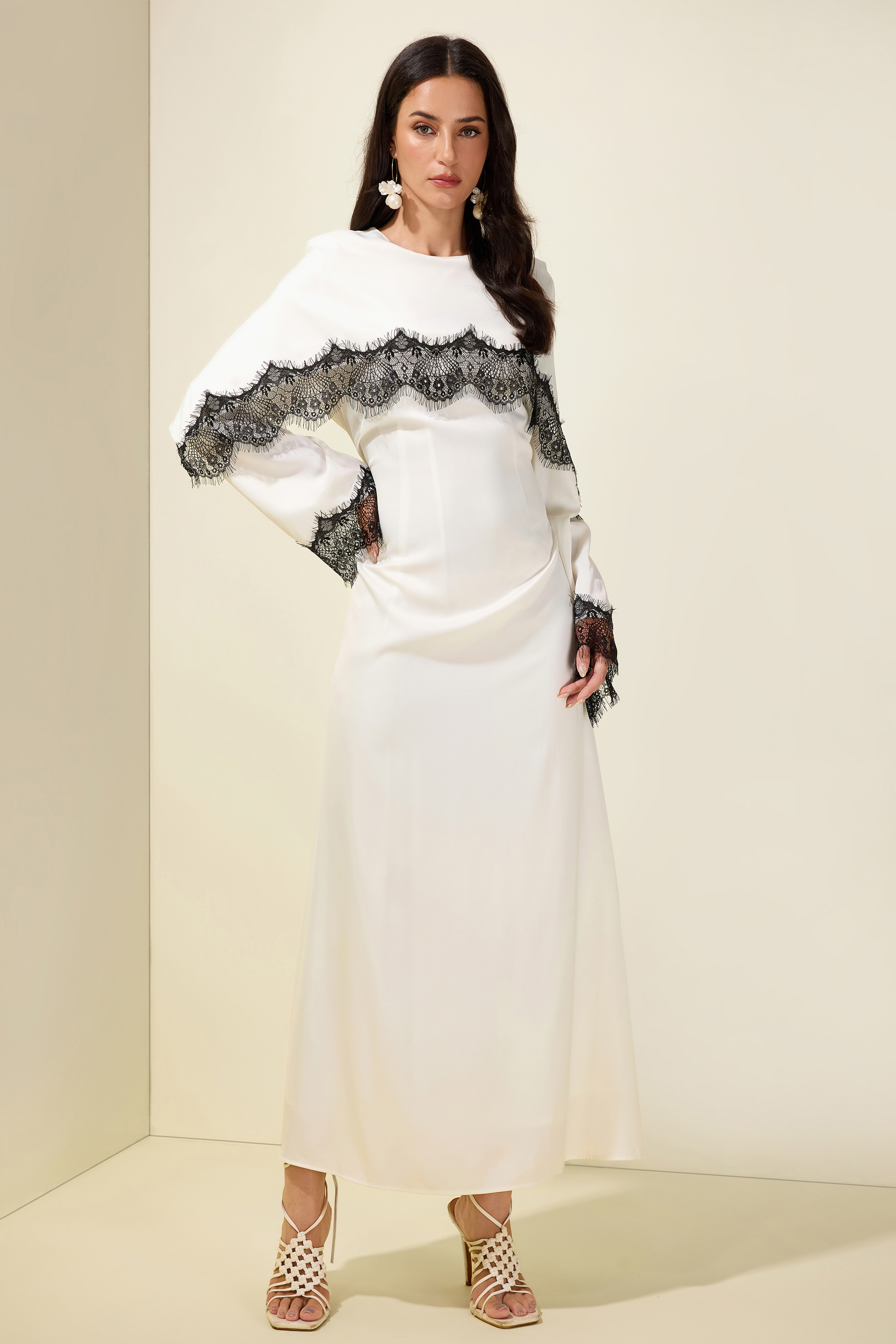 Lace Satin Cape Maxi Dress