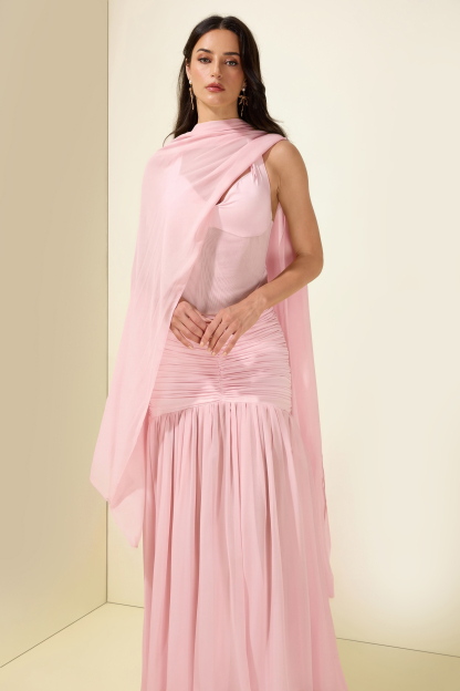 Chiffon Jersey Gathering Midi Dress – JardinVue