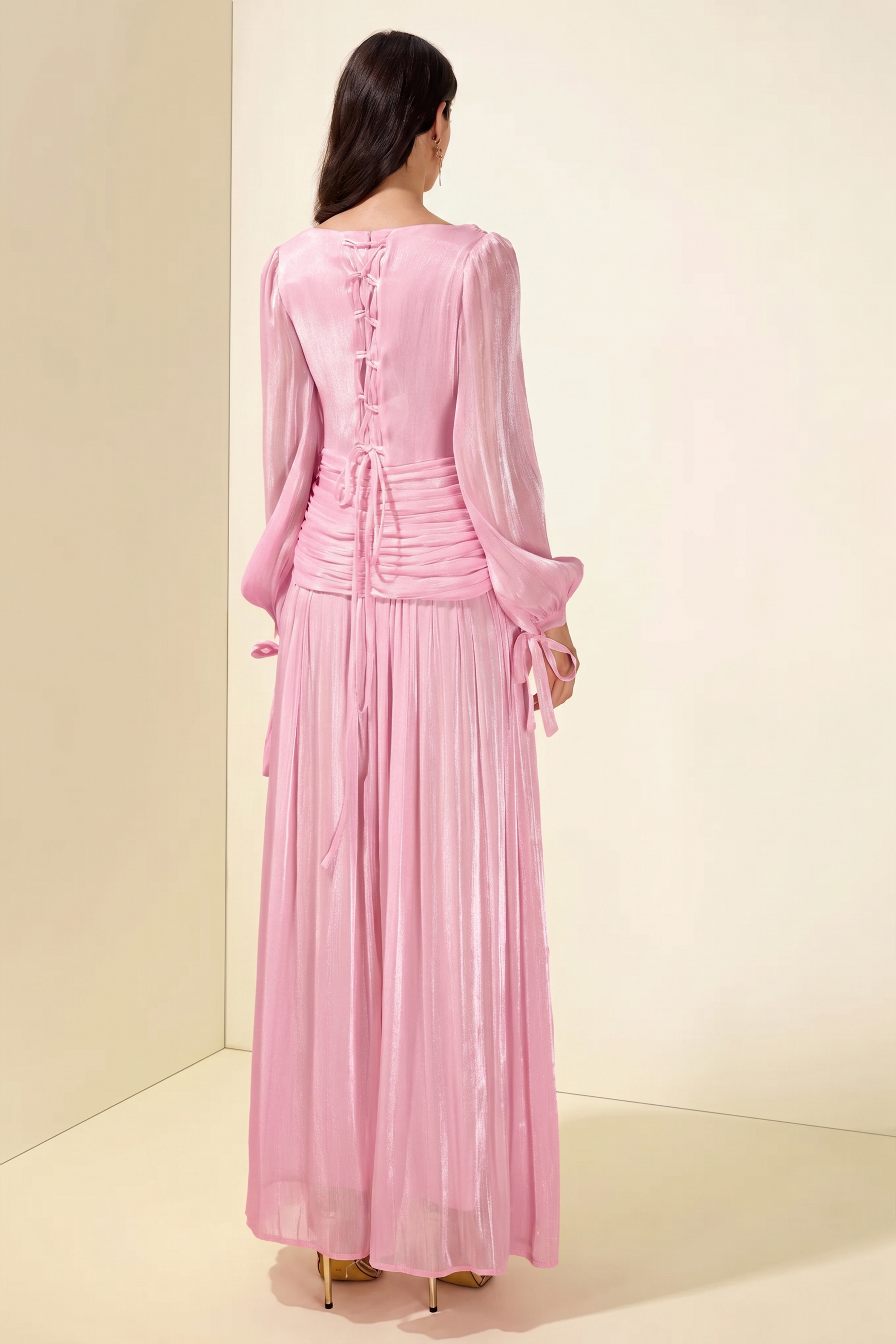 Boat Neck Long Sleeve Gathering Bodycon Maxi Dress