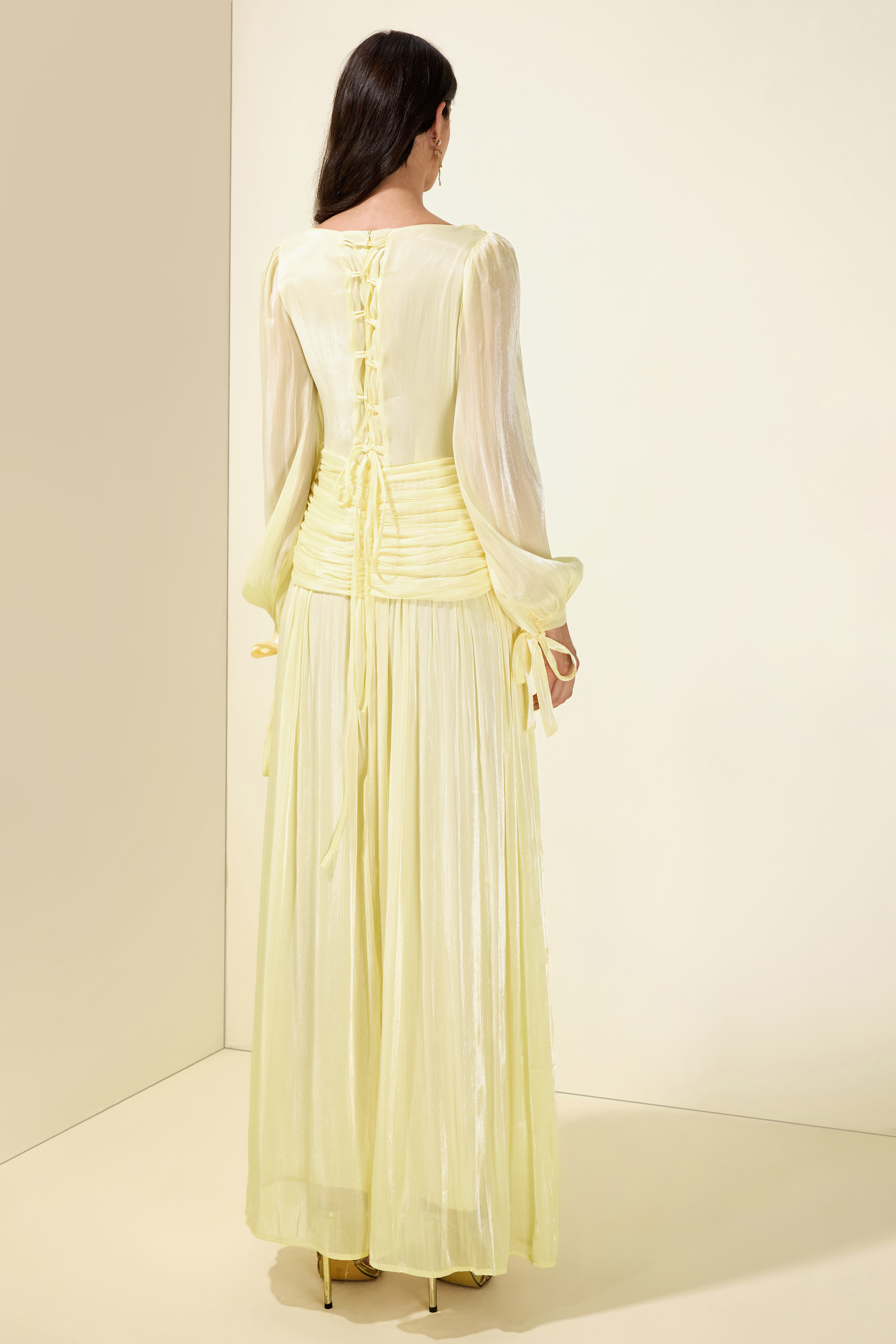 Boat Neck Long Sleeve Gathering Bodycon Maxi Dress