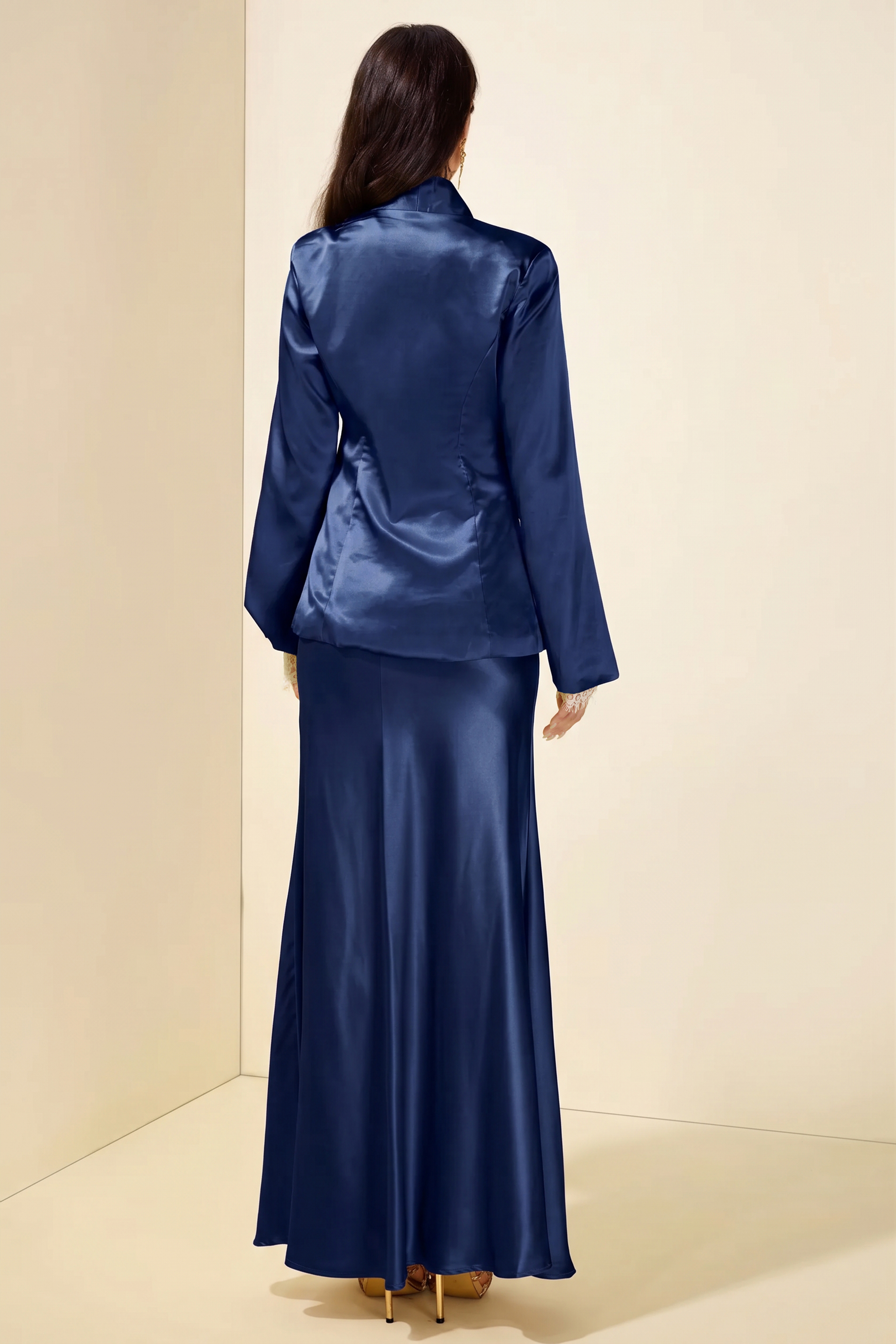 Satin Bodycon Lace gloves Long Sleeve Blazer & Maxi Skirt Set
