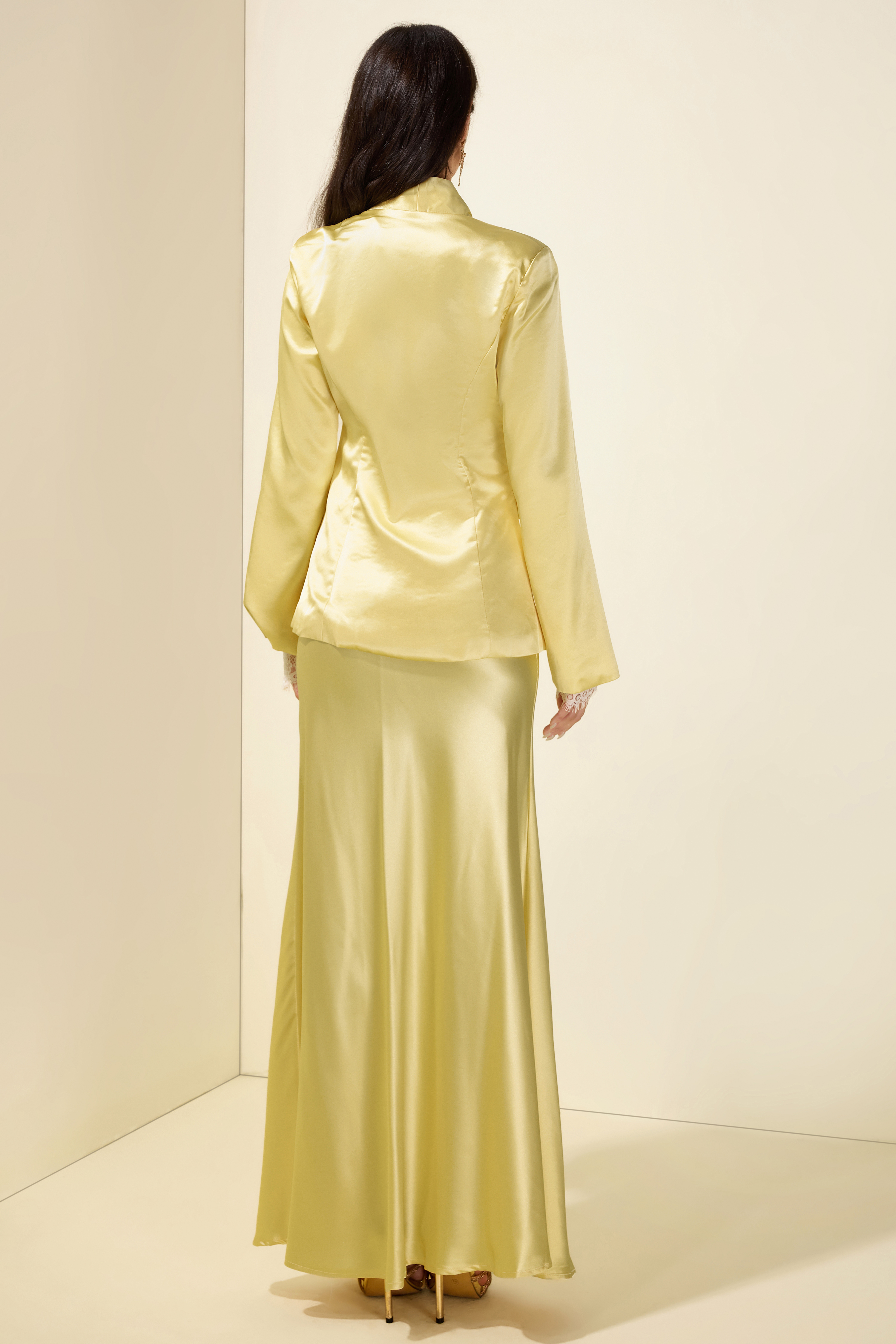 Satin Bodycon Lace gloves Long Sleeve Blazer & Maxi Skirt Set