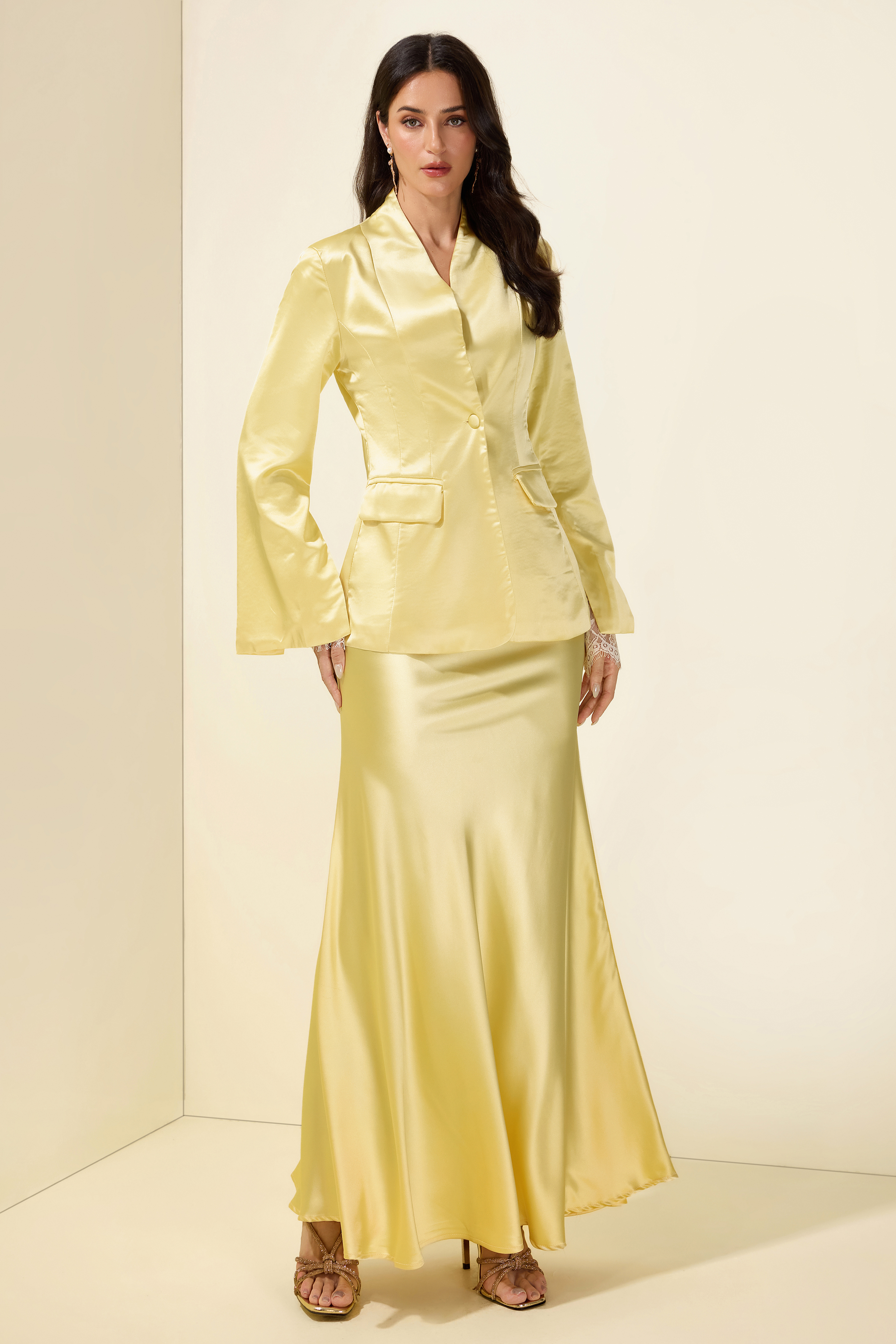 Satin Bodycon Lace gloves Long Sleeve Blazer & Maxi Skirt Set