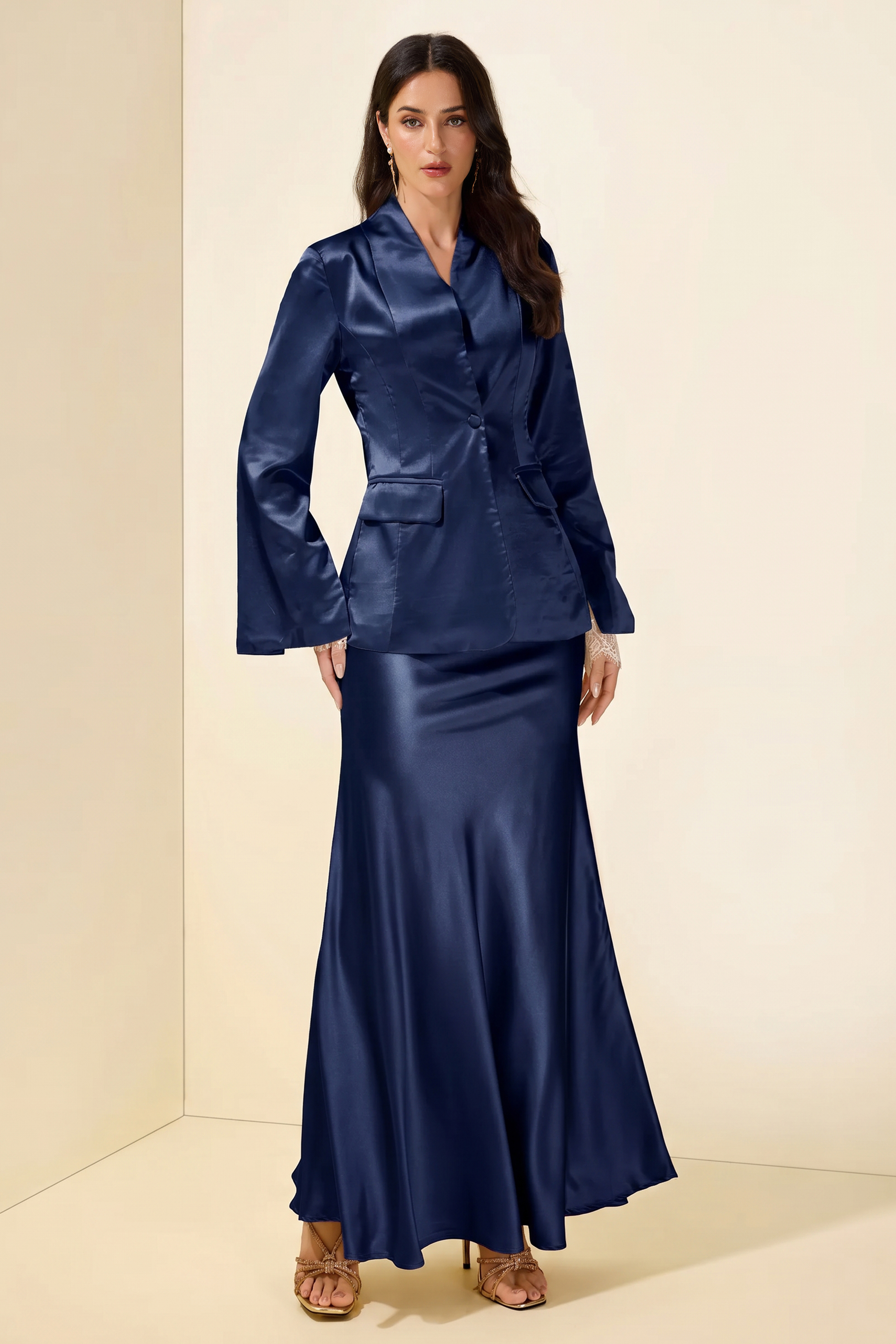 Satin Bodycon Lace gloves Long Sleeve Blazer & Maxi Skirt Set