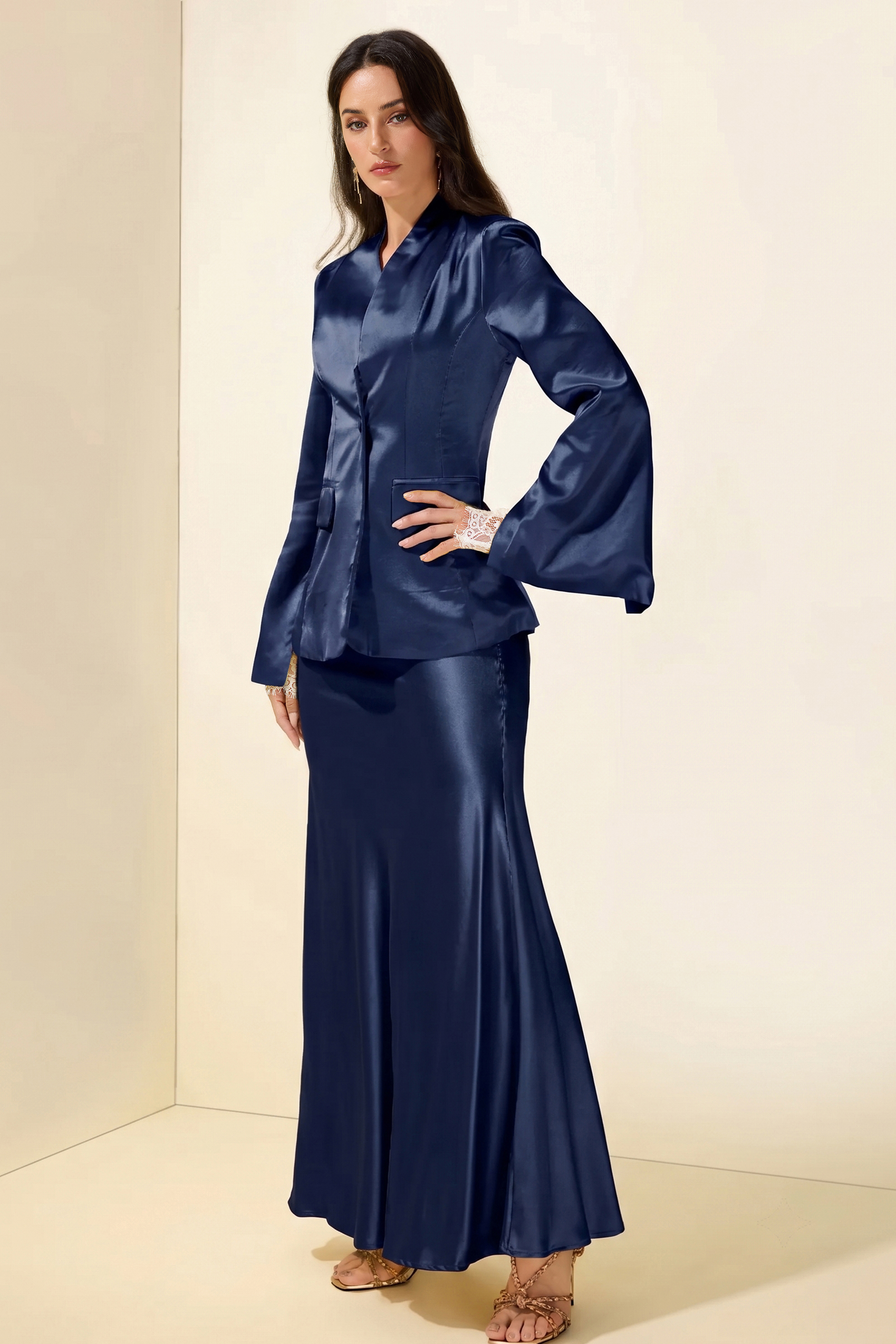 Satin Bodycon Lace gloves Long Sleeve Blazer & Maxi Skirt Set