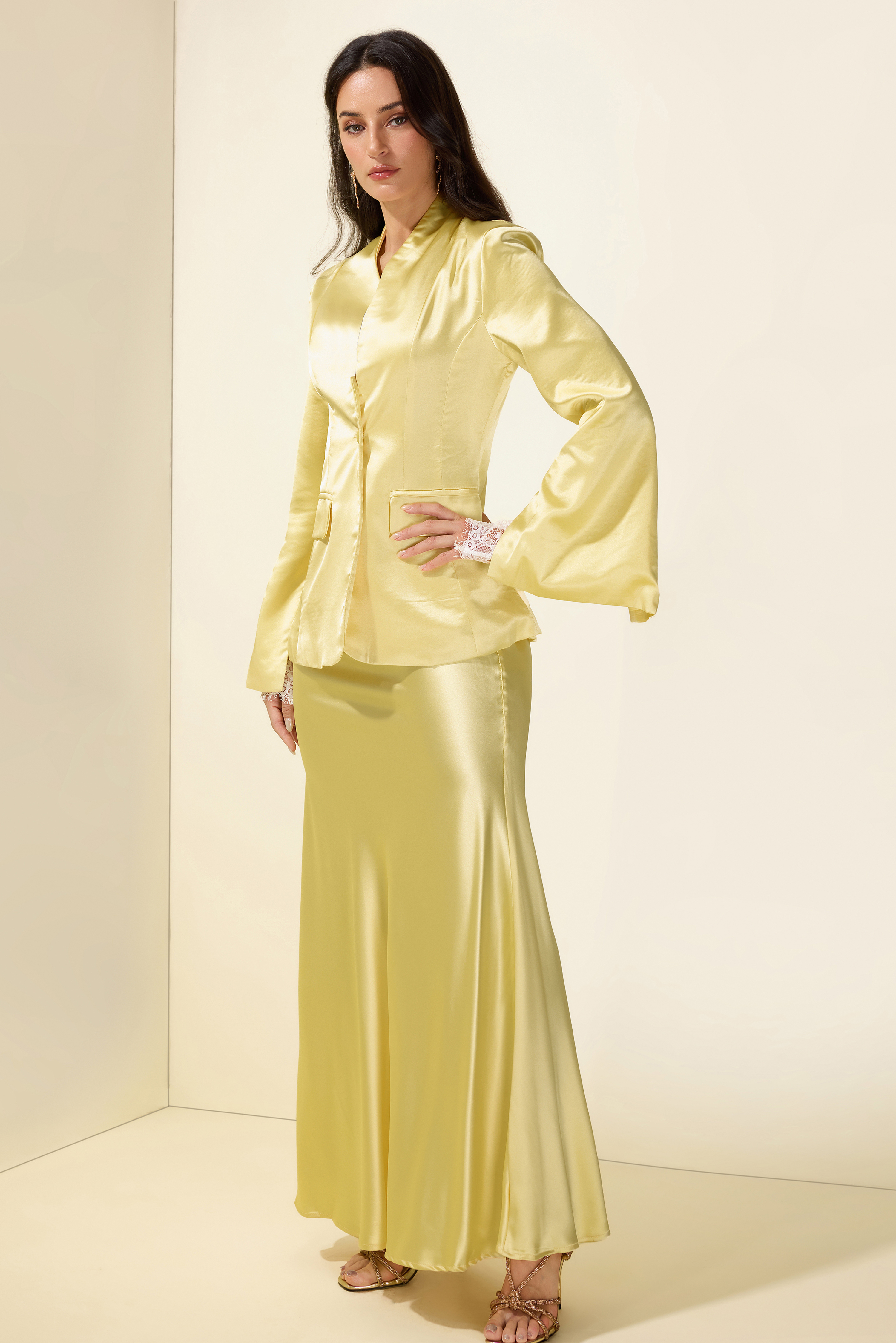 Satin Bodycon Lace gloves Long Sleeve Blazer & Maxi Skirt Set