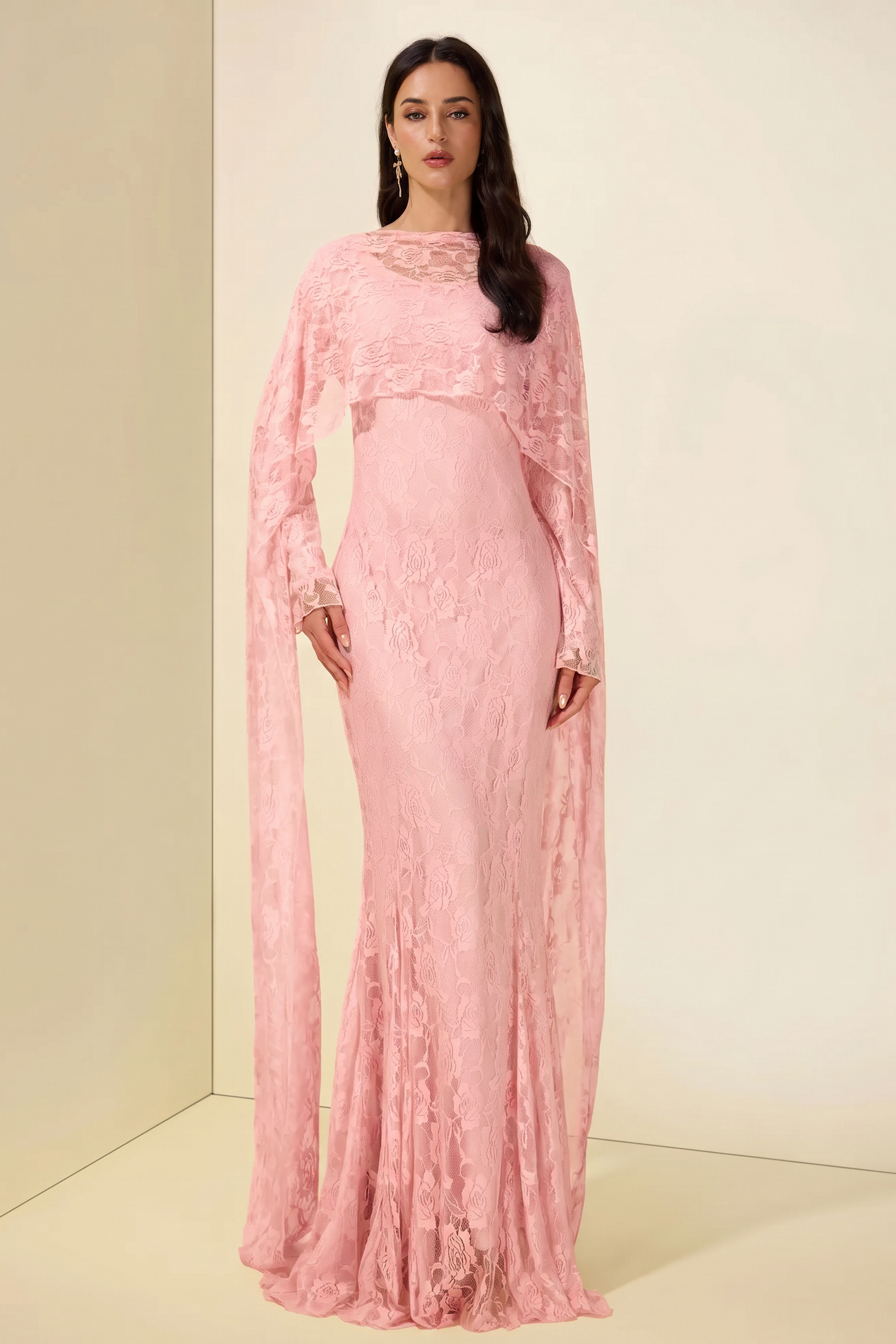 Lace Long Sleeve Maxi Dress With Cape