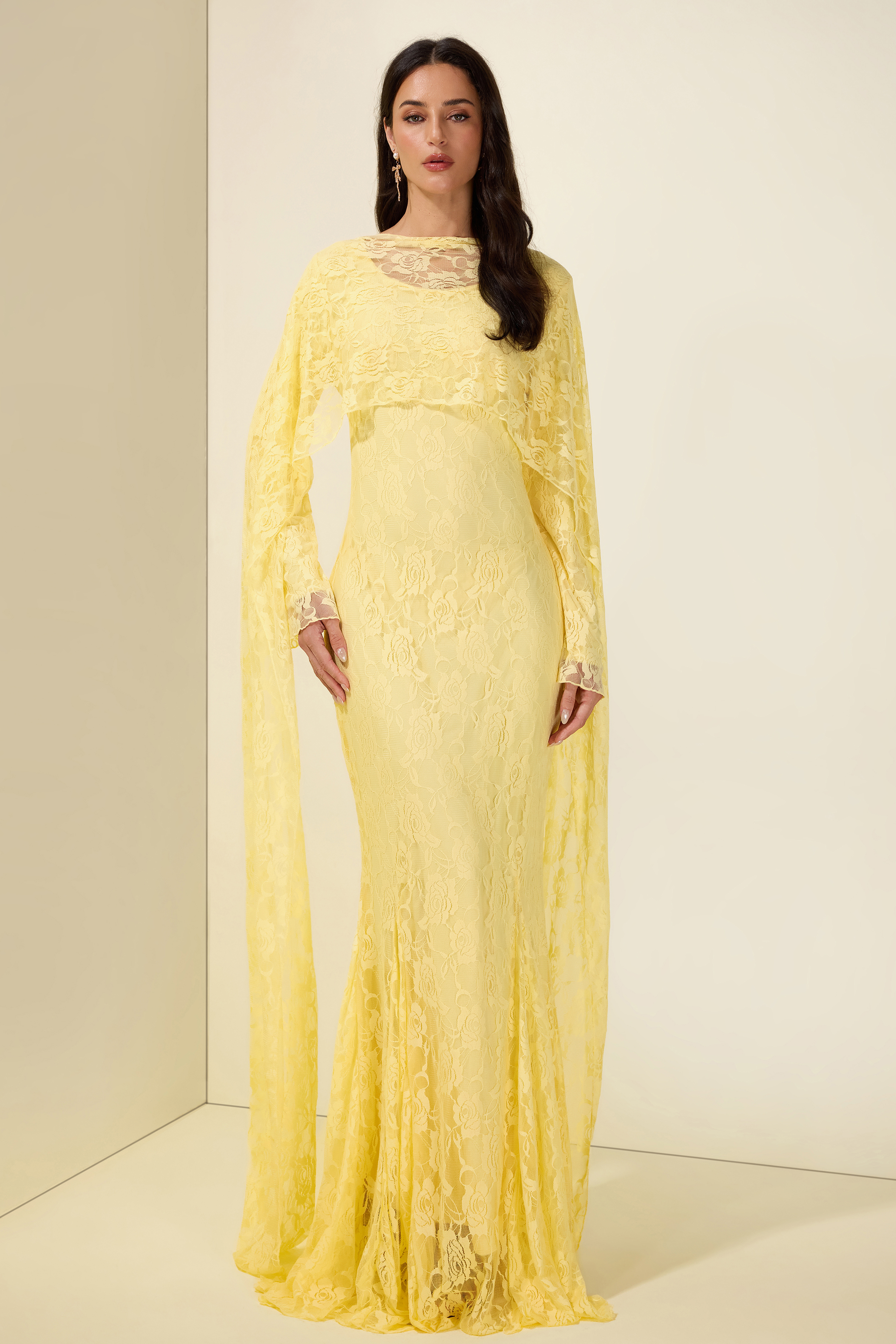 Lace Long Sleeve Maxi Dress With Cape