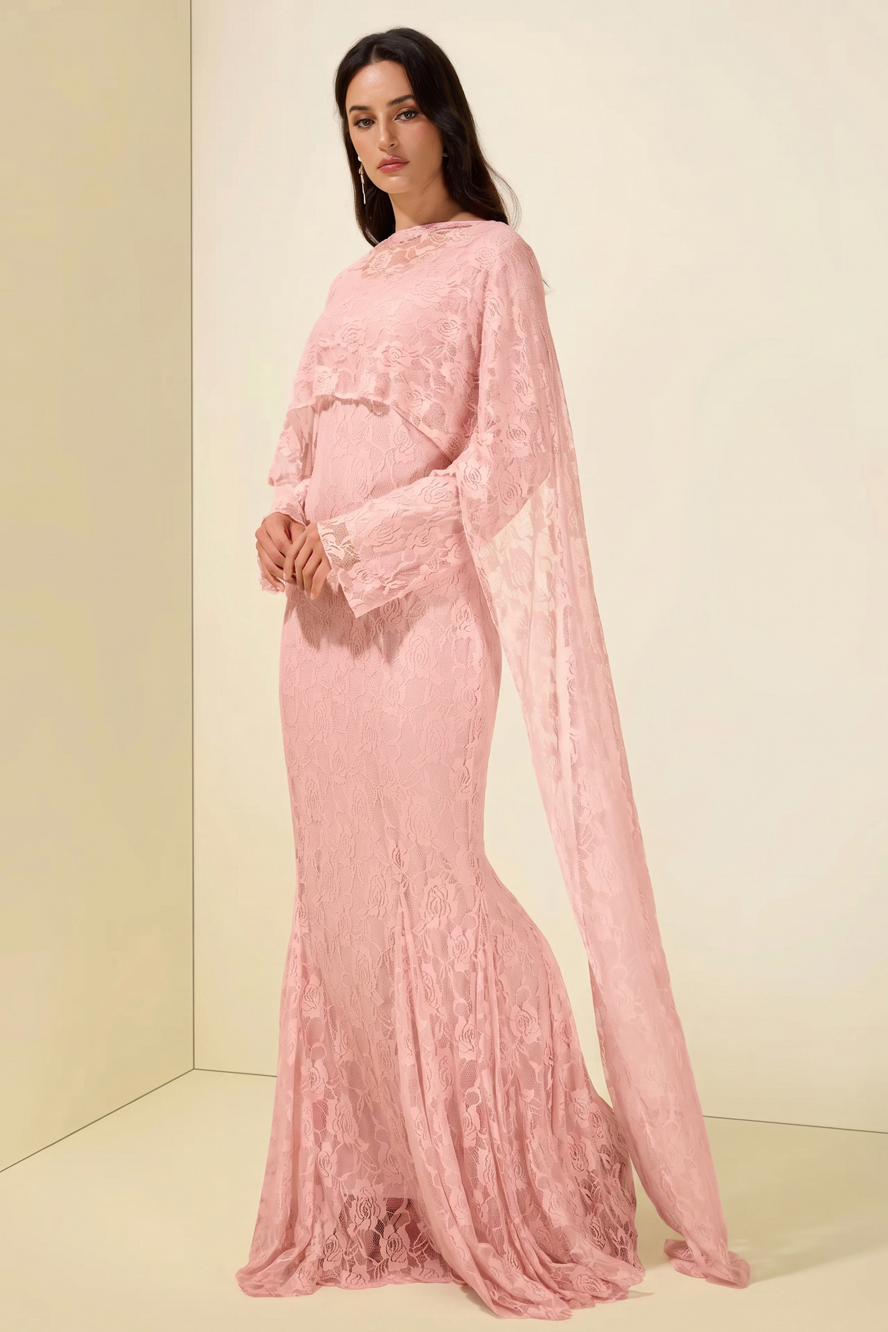 Lace Long Sleeve Maxi Dress With Cape