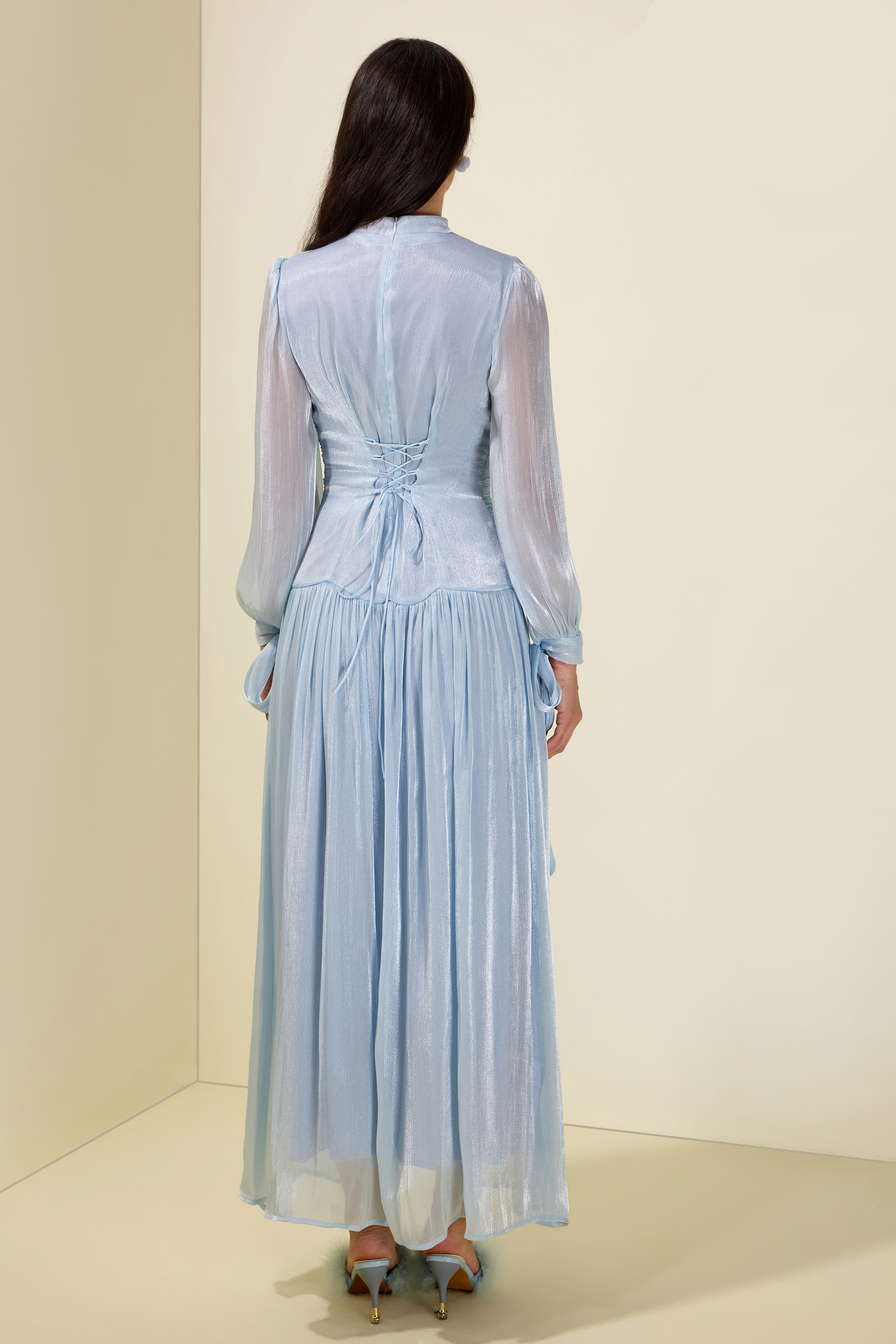 Stand Collar Long Sleeve Gathering Bodycon Maxi Dress