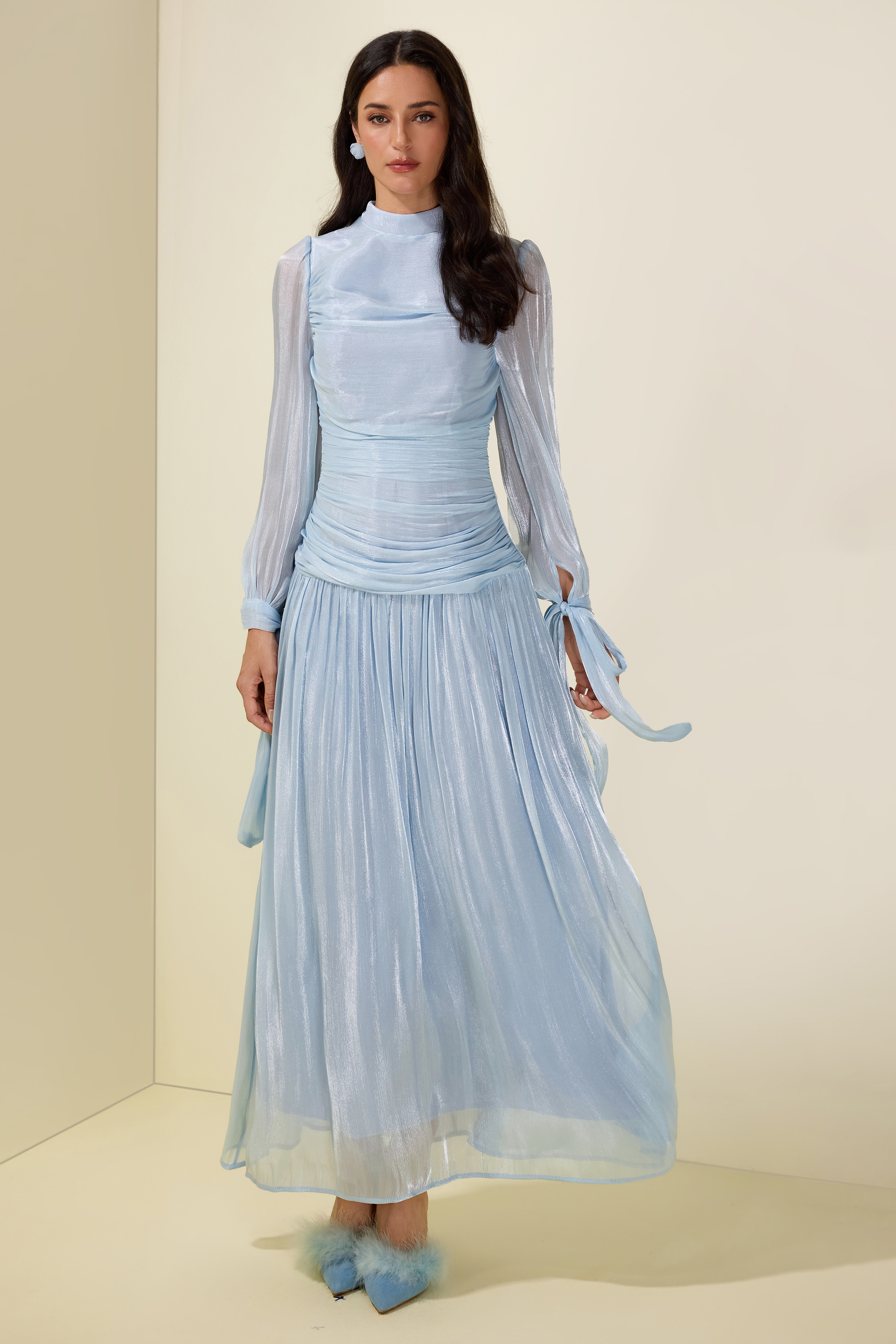 Stand Collar Long Sleeve Gathering Bodycon Maxi Dress