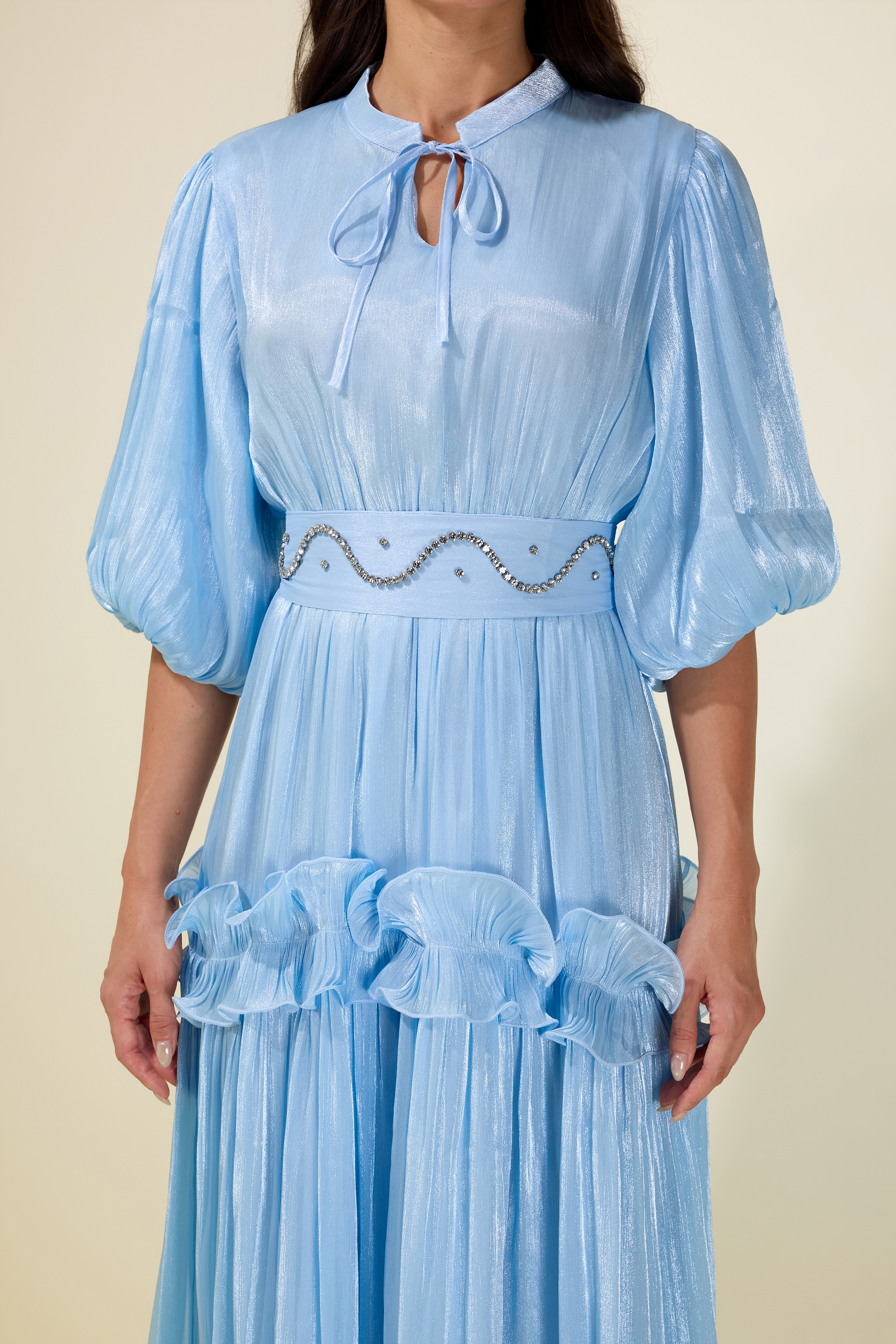 Rhinestone Rivets Frill Puff Sleeve Midi Dress – JardinVue