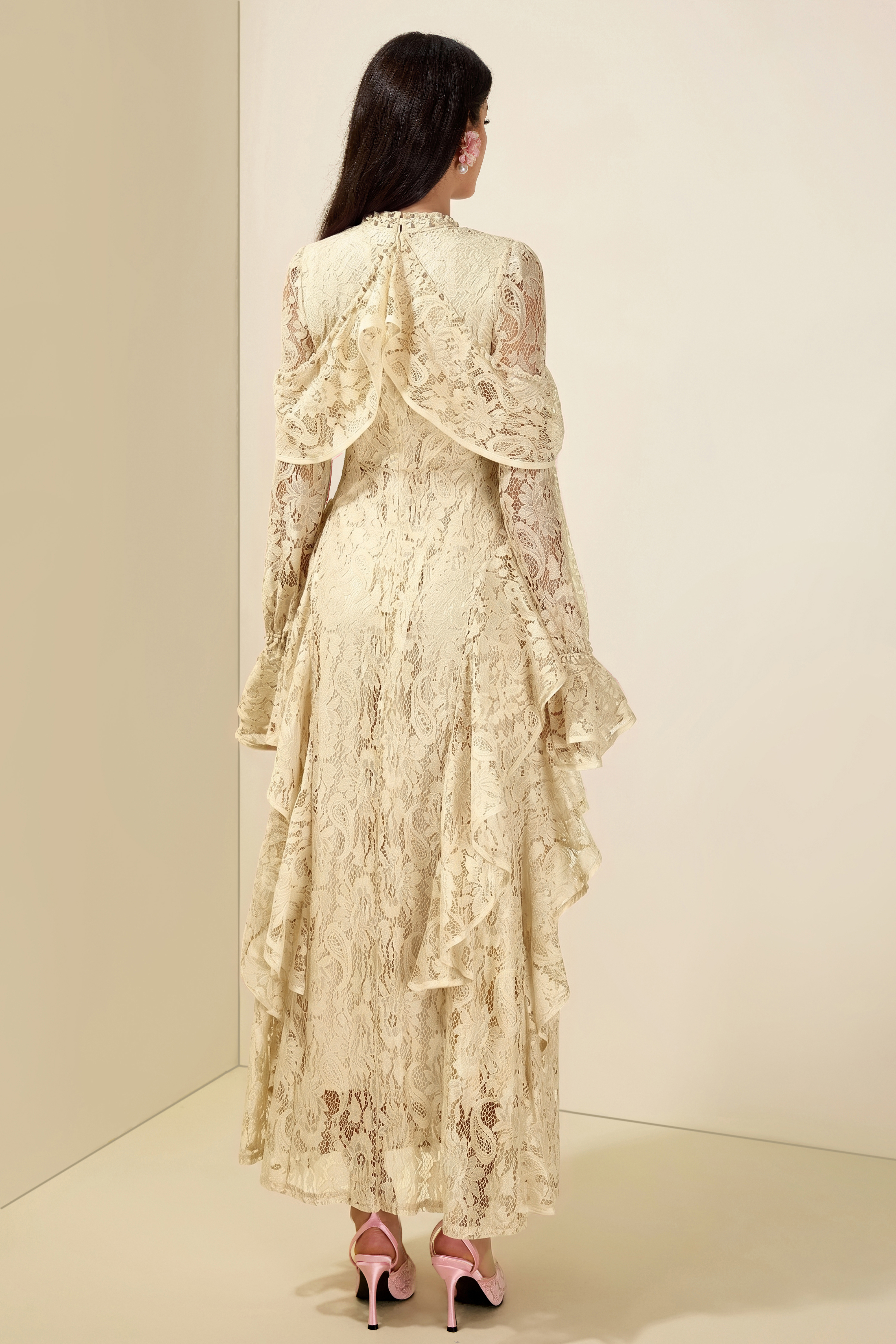 Lace Rhinestone Rivets Ruffle Maxi Dress
