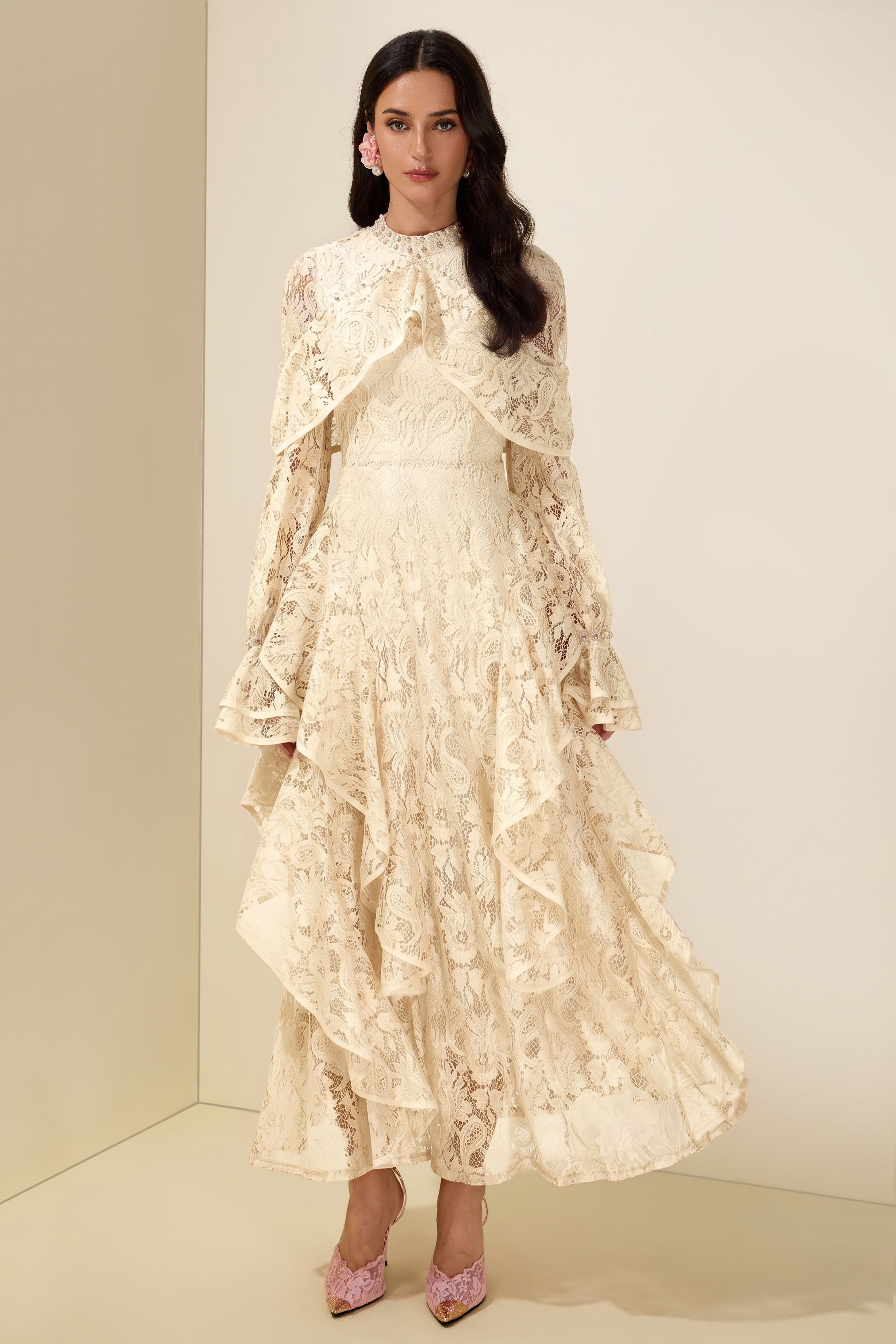 Lace Rhinestone Rivets Ruffle Maxi Dress