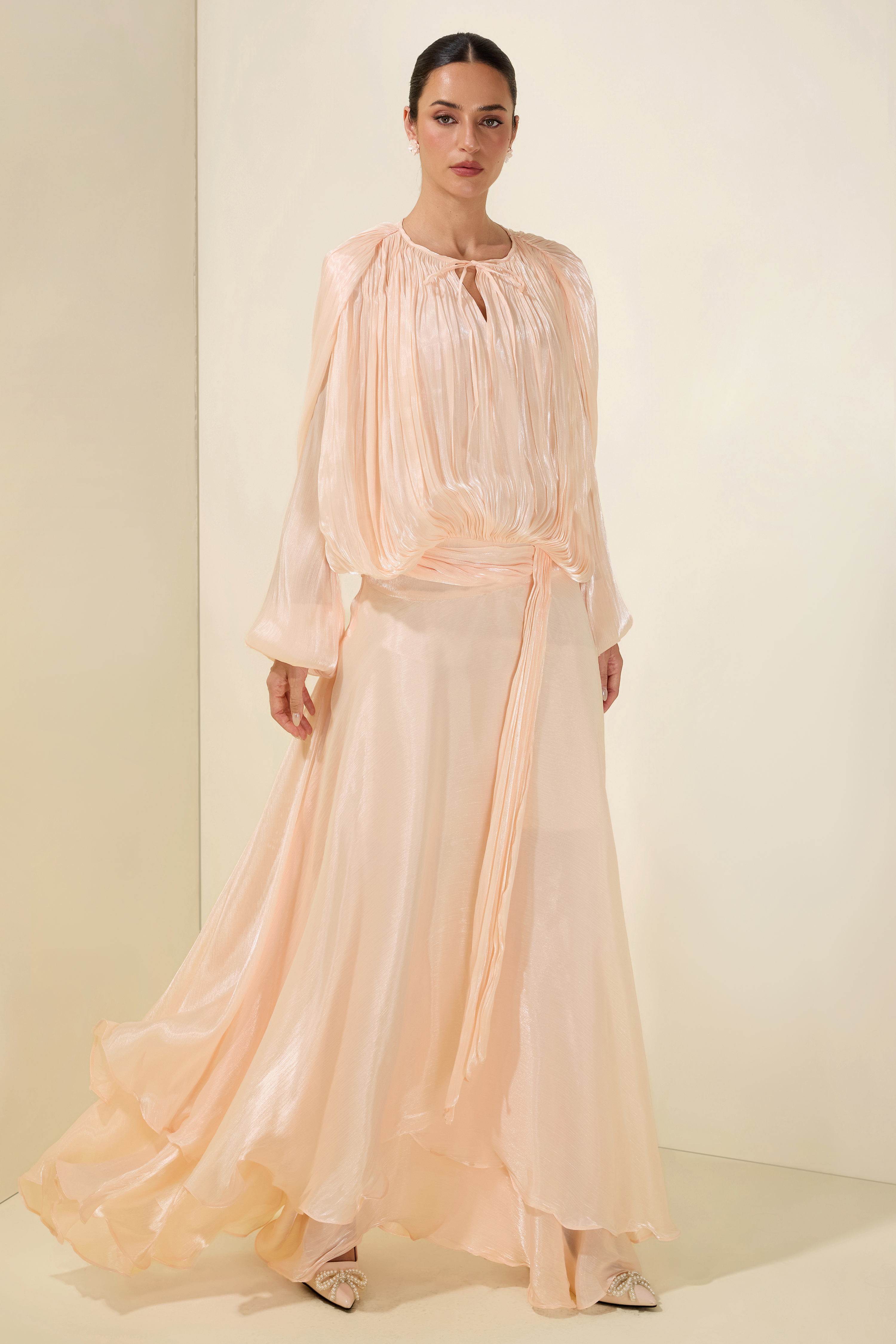 Gathering Long Sleeve Irregular Ruffle Midi Dress