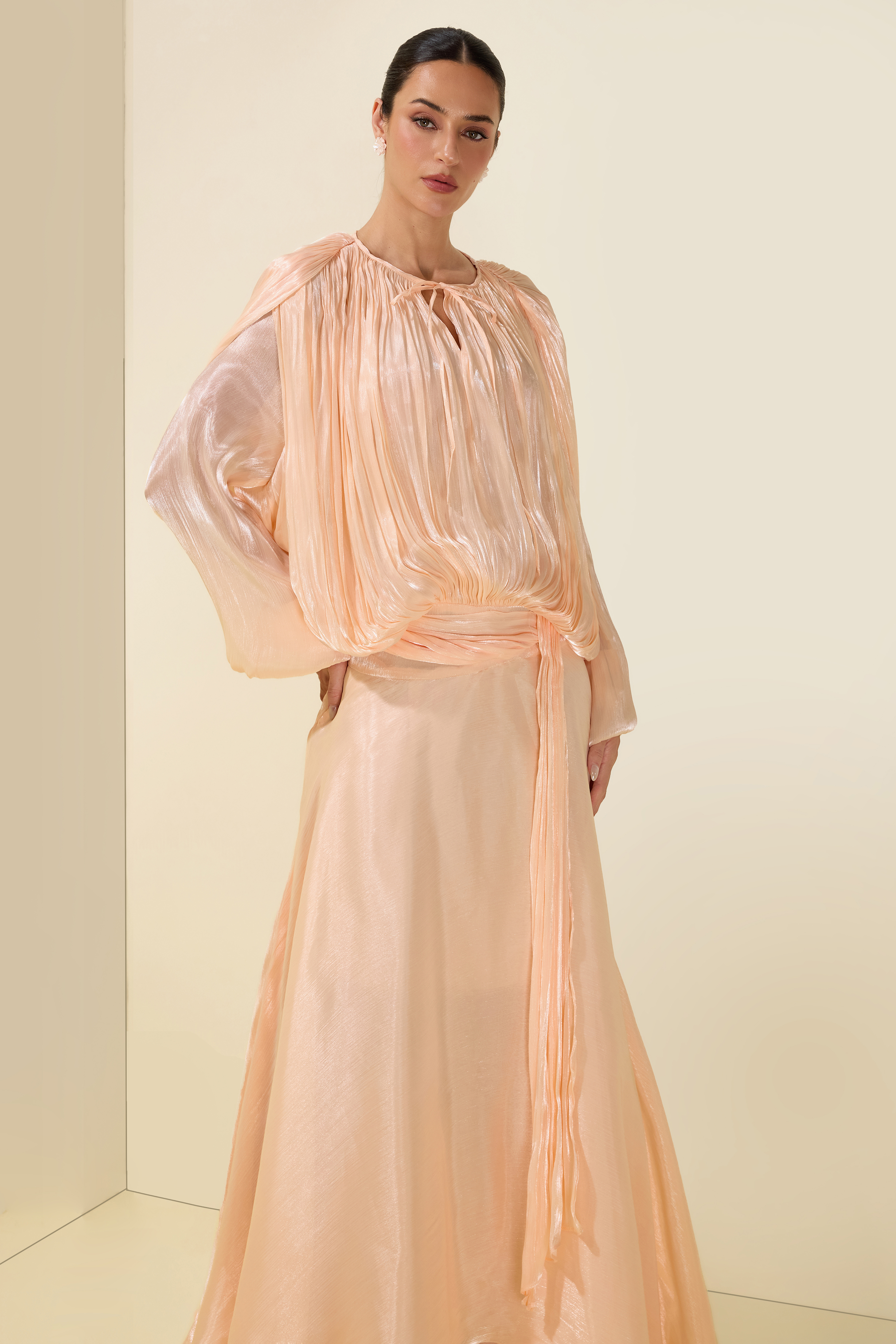 Gathering Long Sleeve Irregular Ruffle Midi Dress