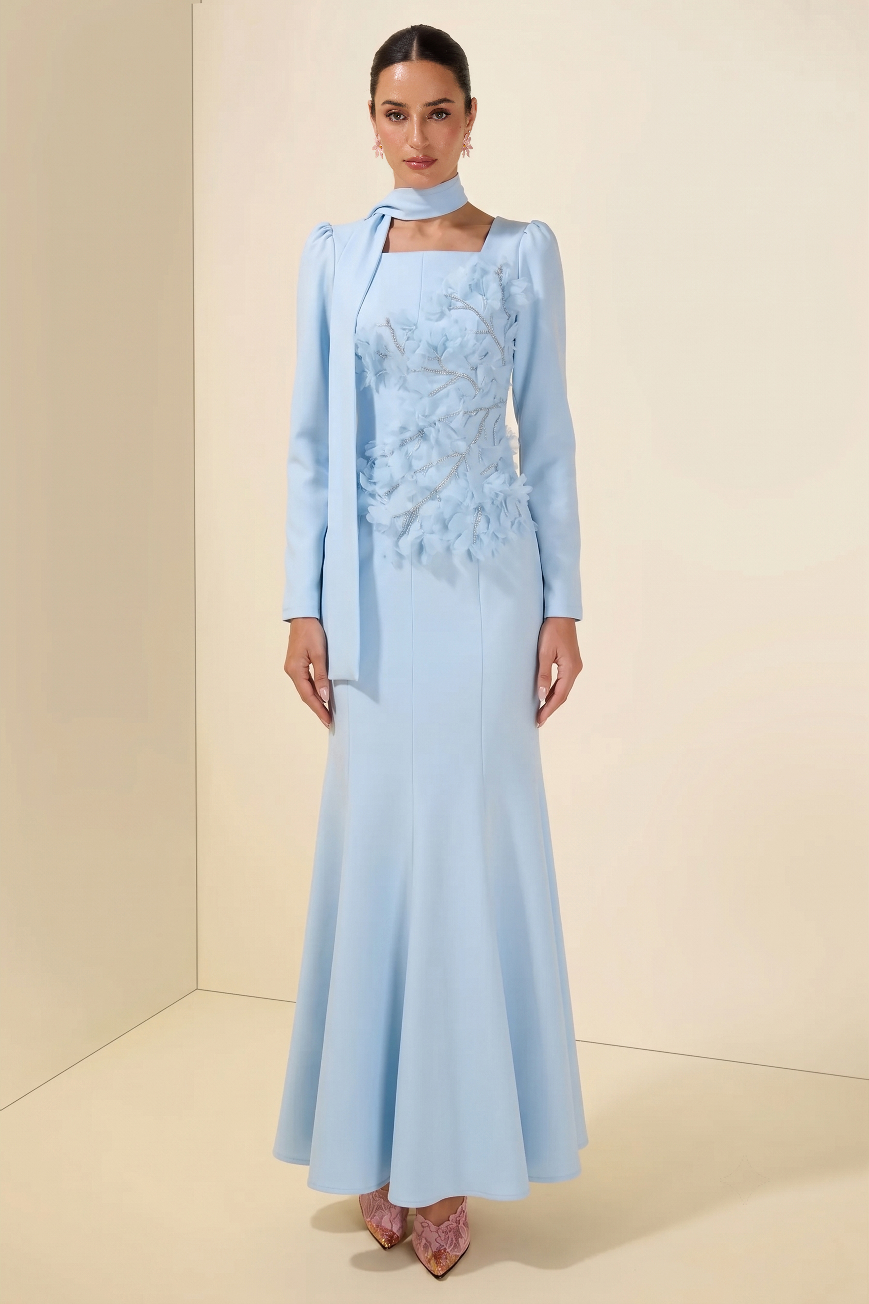 Nail Bead Embroidery Long Sleeve Maxi Dress