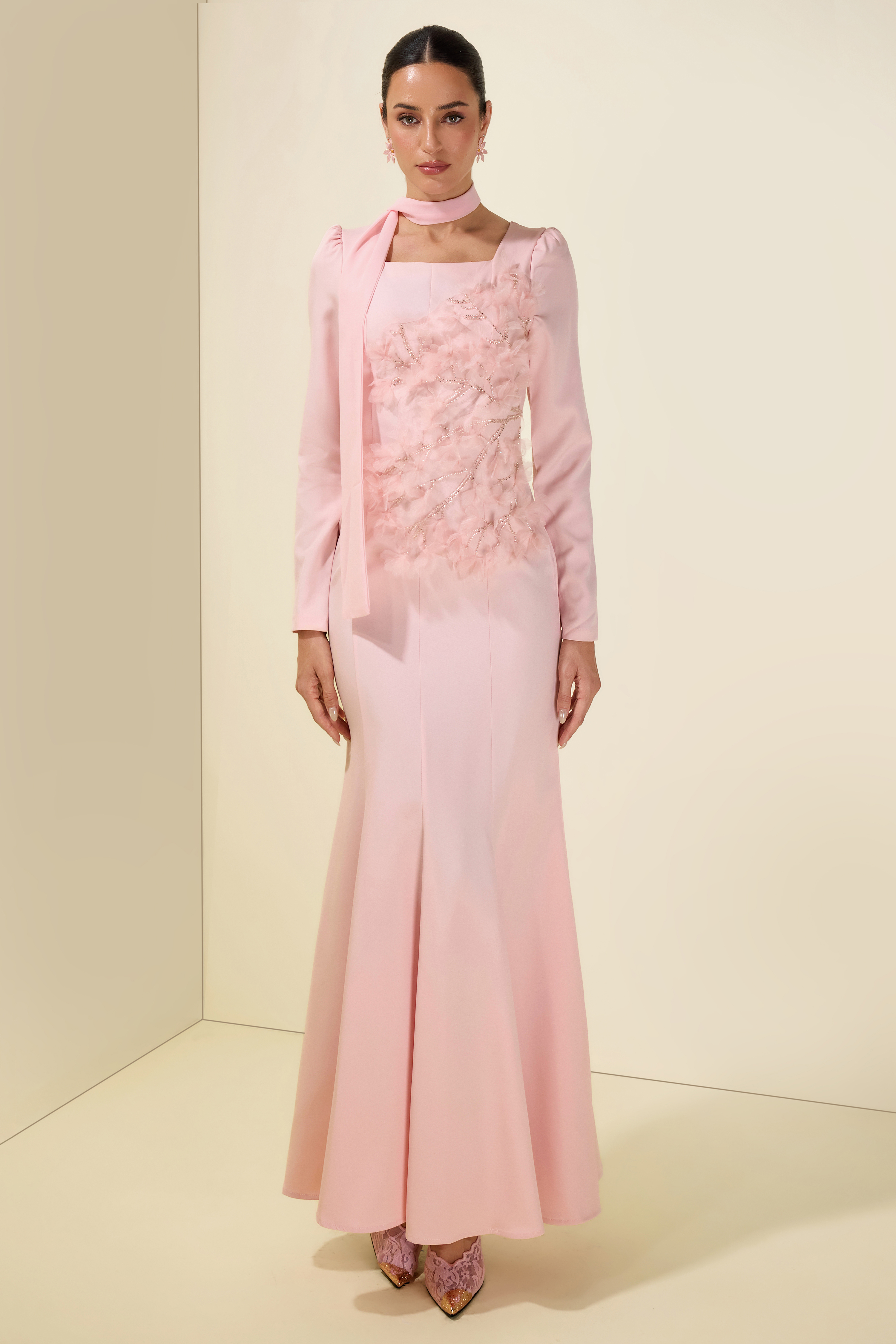 Nail Bead Embroidery Long Sleeve Maxi Dress