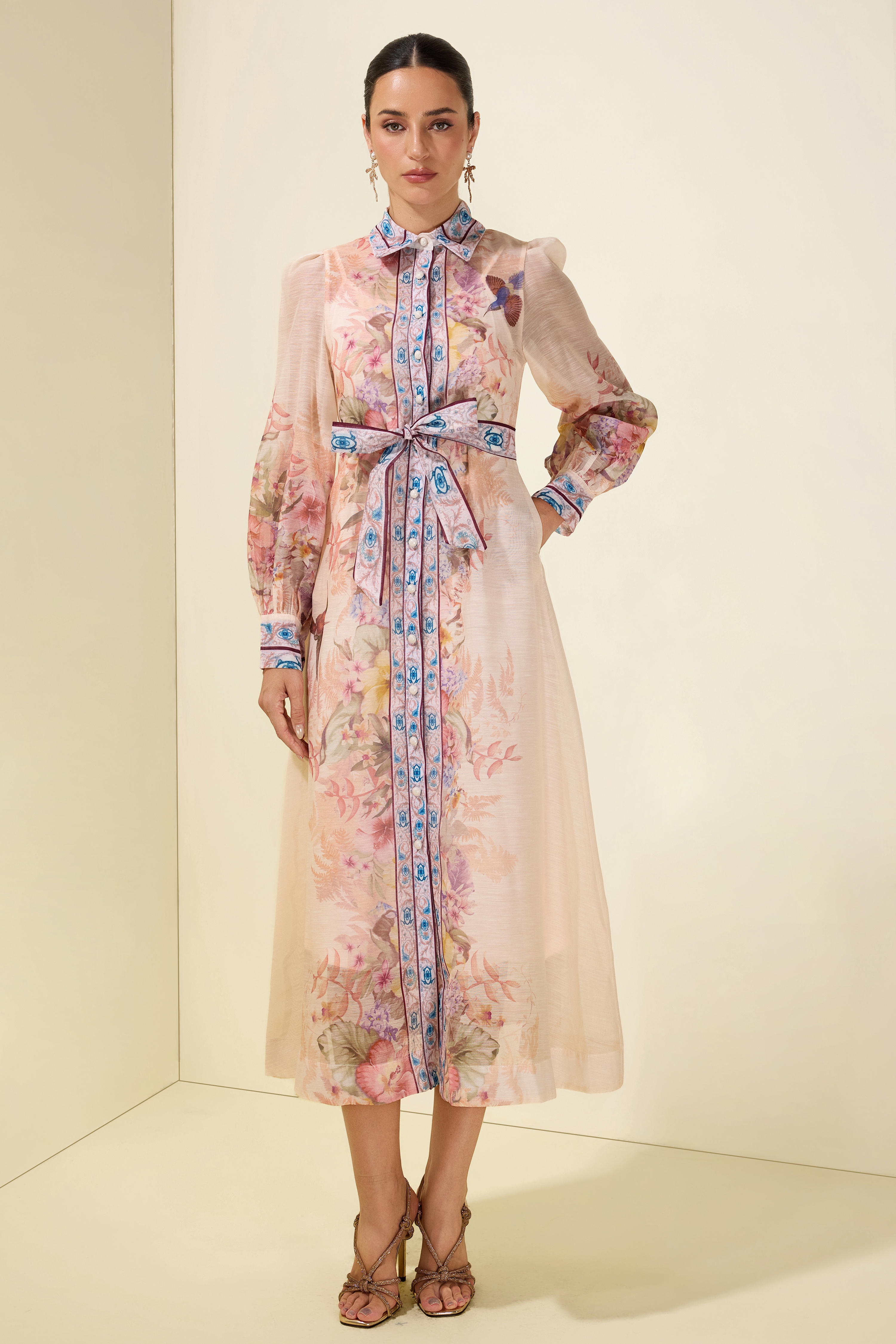 Floral Single Breasted Long Sleeve Midi Dress