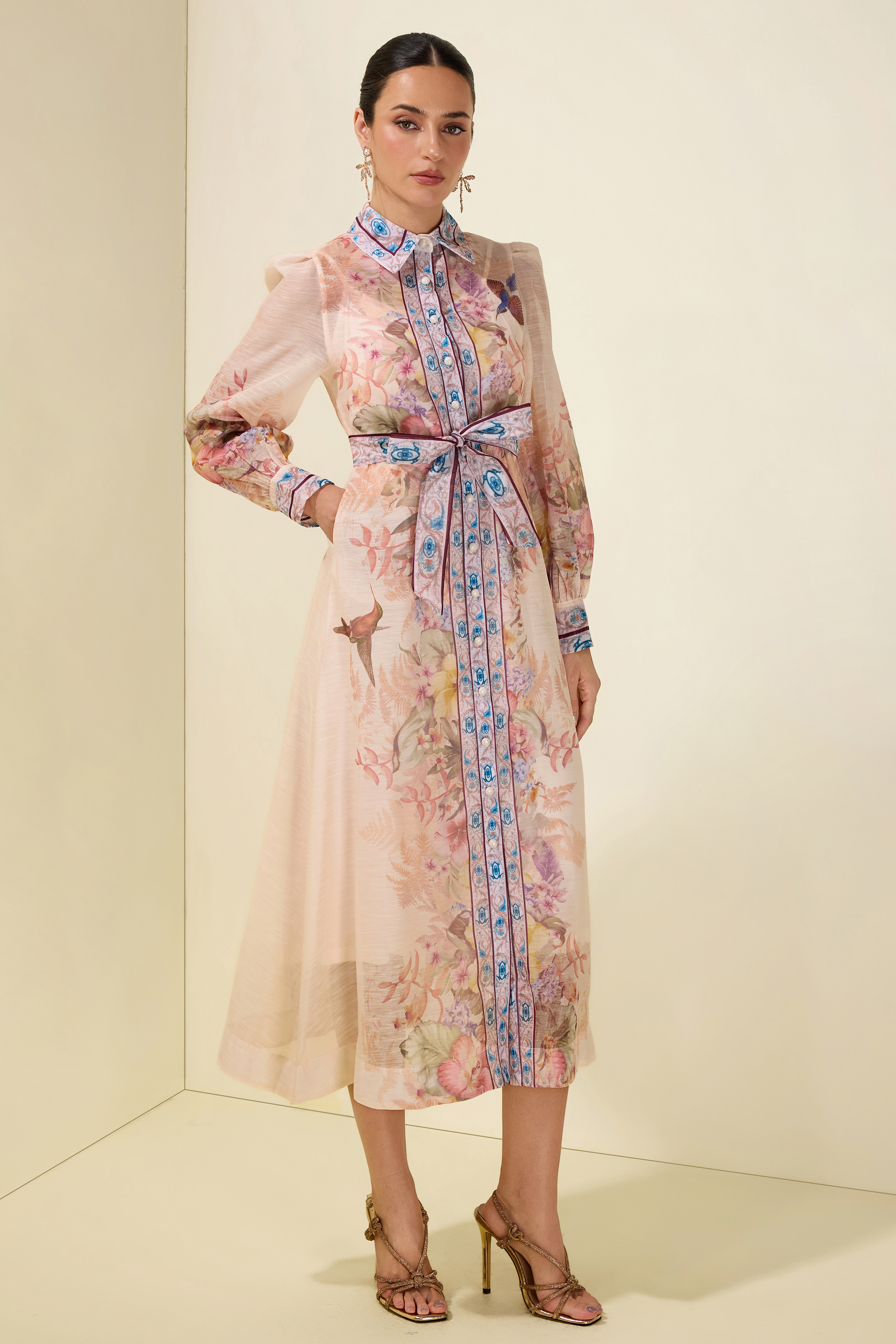 Floral Single Breasted Long Sleeve Midi Dress
