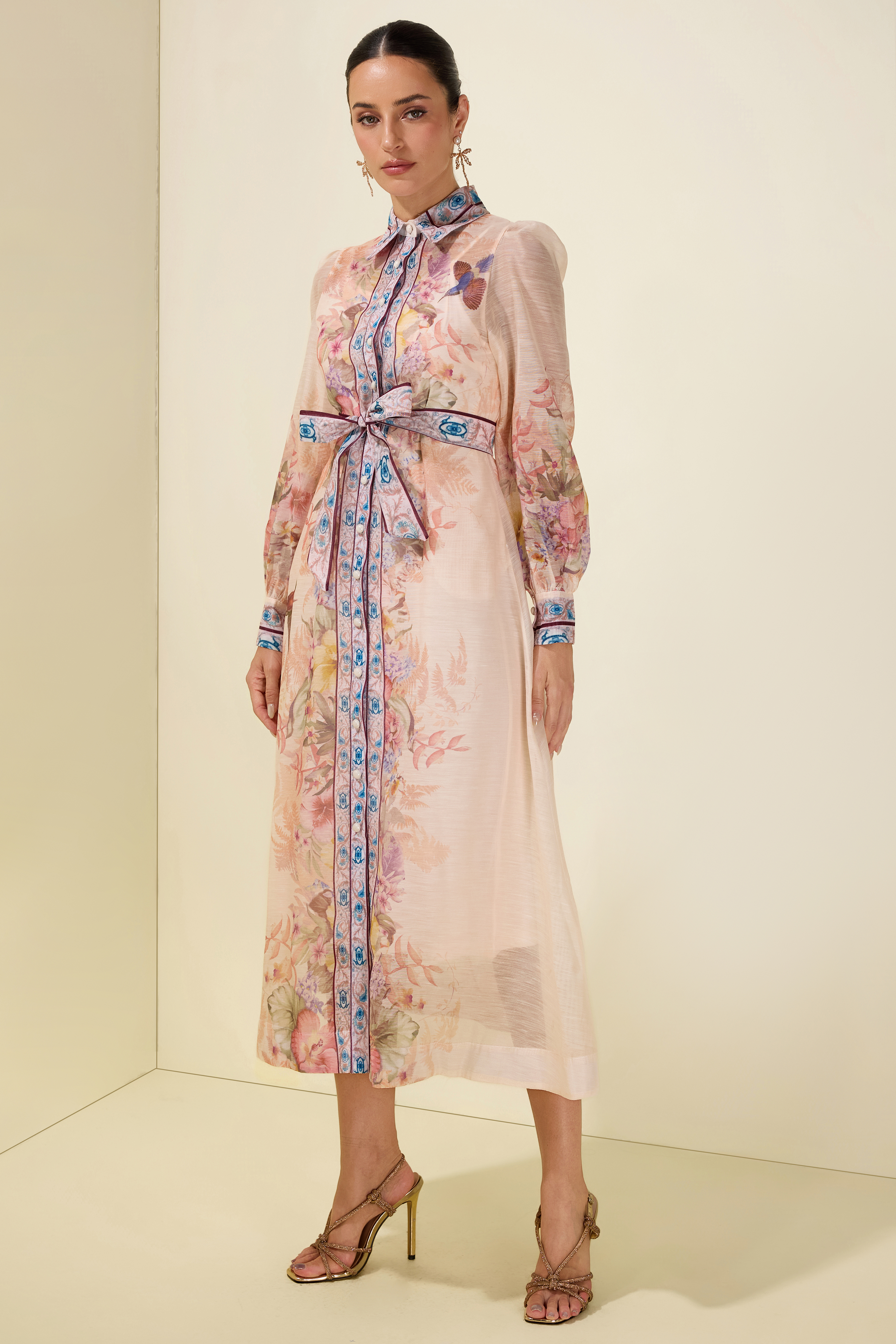 Floral Single Breasted Long Sleeve Midi Dress