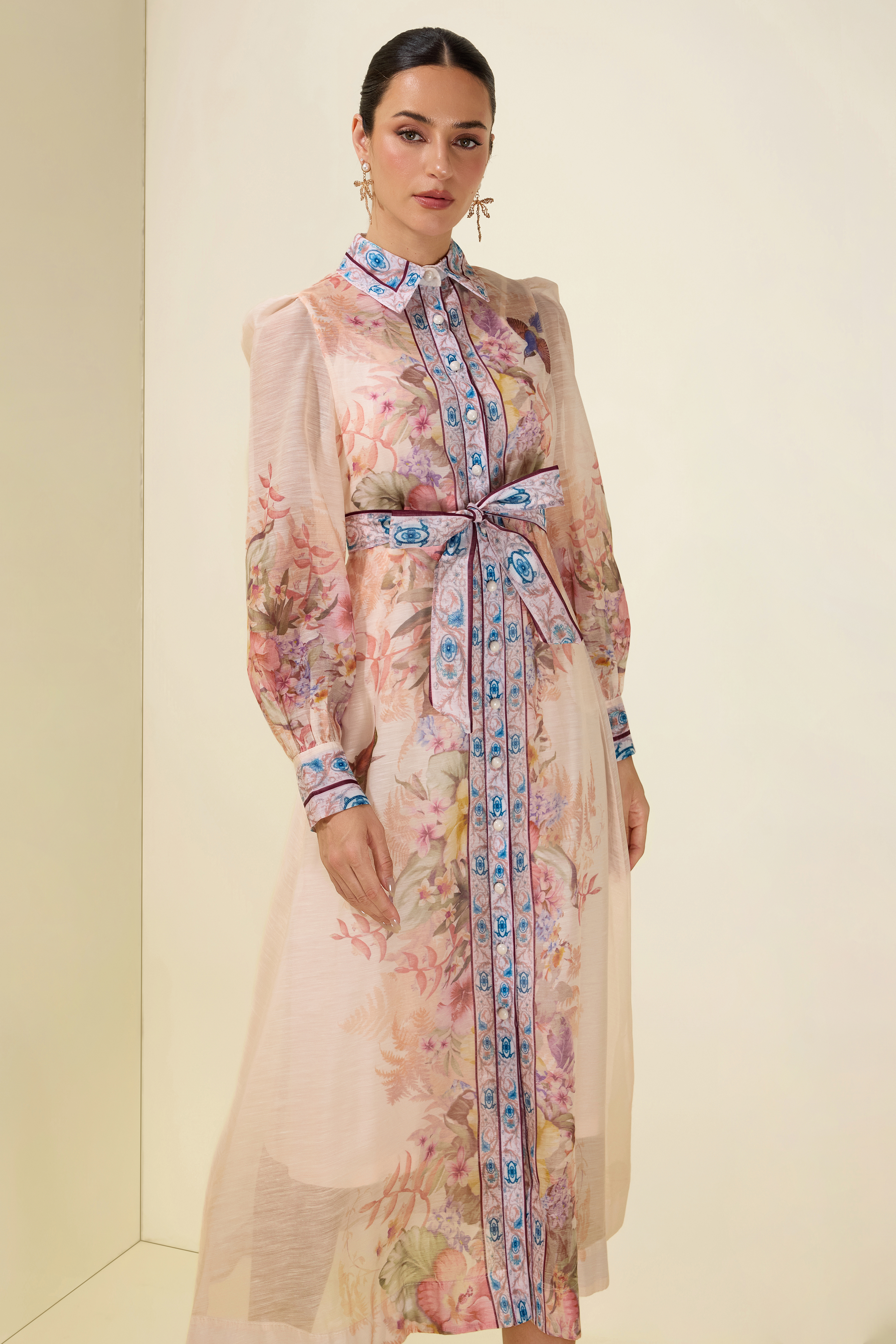 Floral Single Breasted Long Sleeve Midi Dress