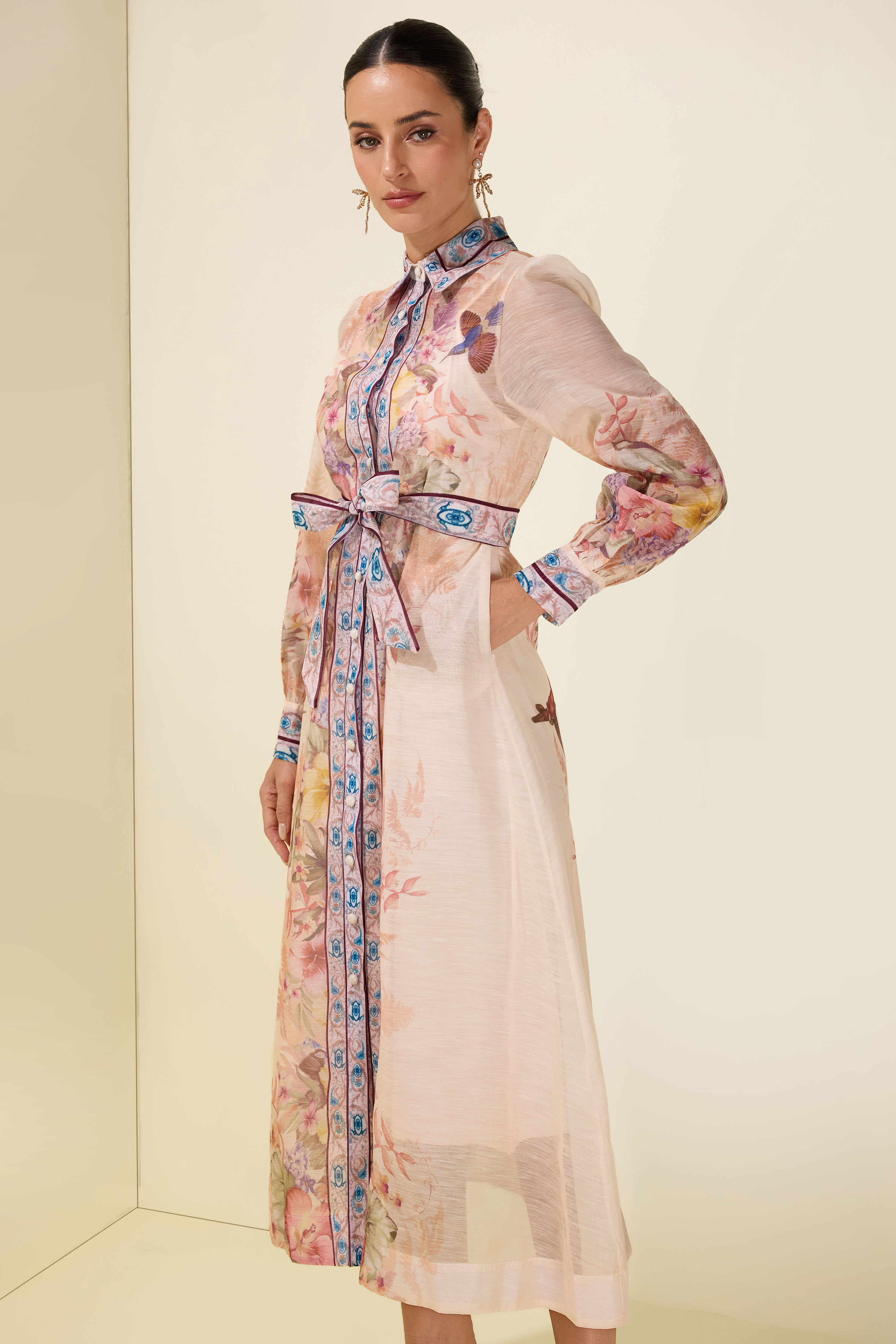 Floral Single Breasted Long Sleeve Midi Dress