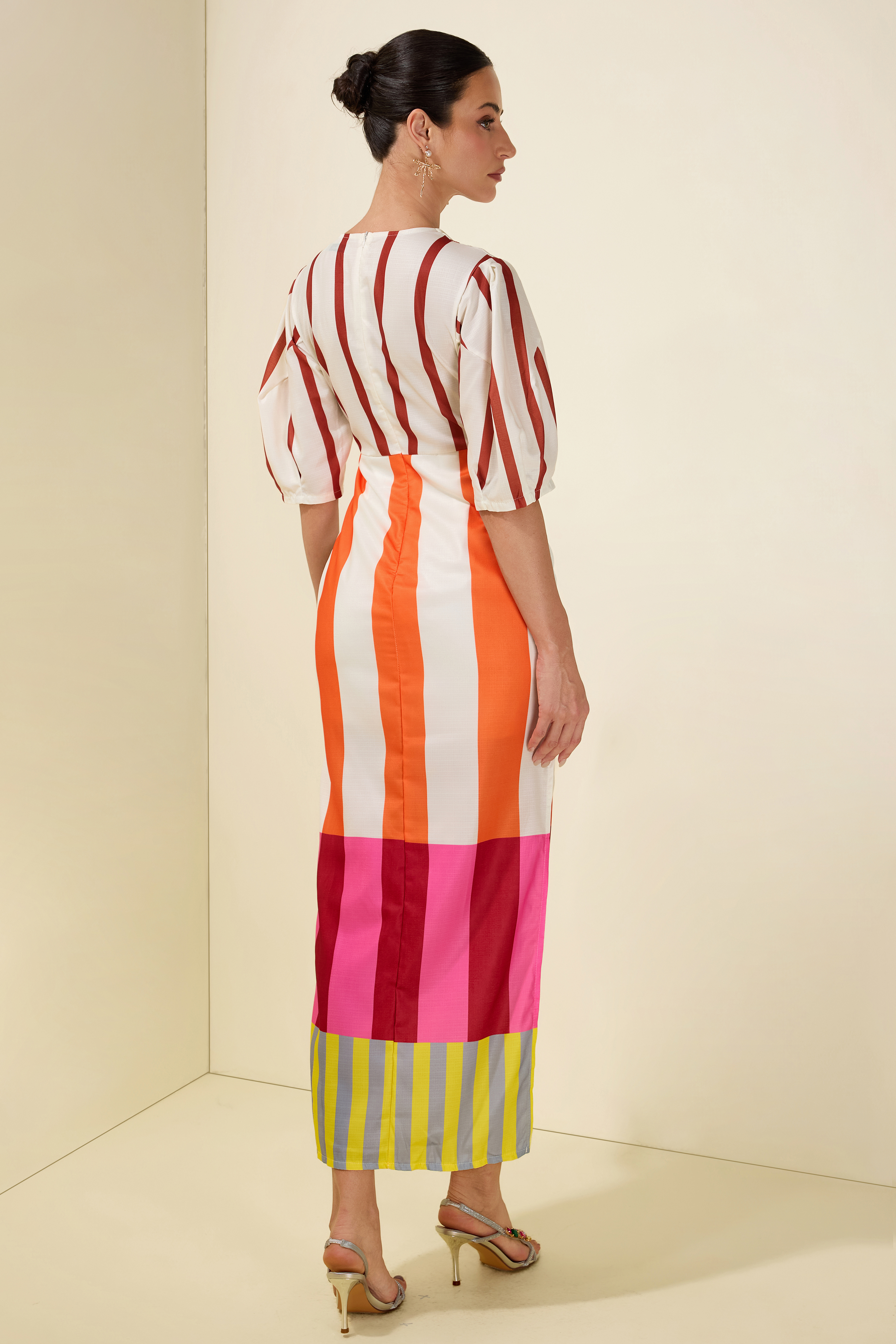 Stripe Knotted Mid Sleeve Midi Dress
