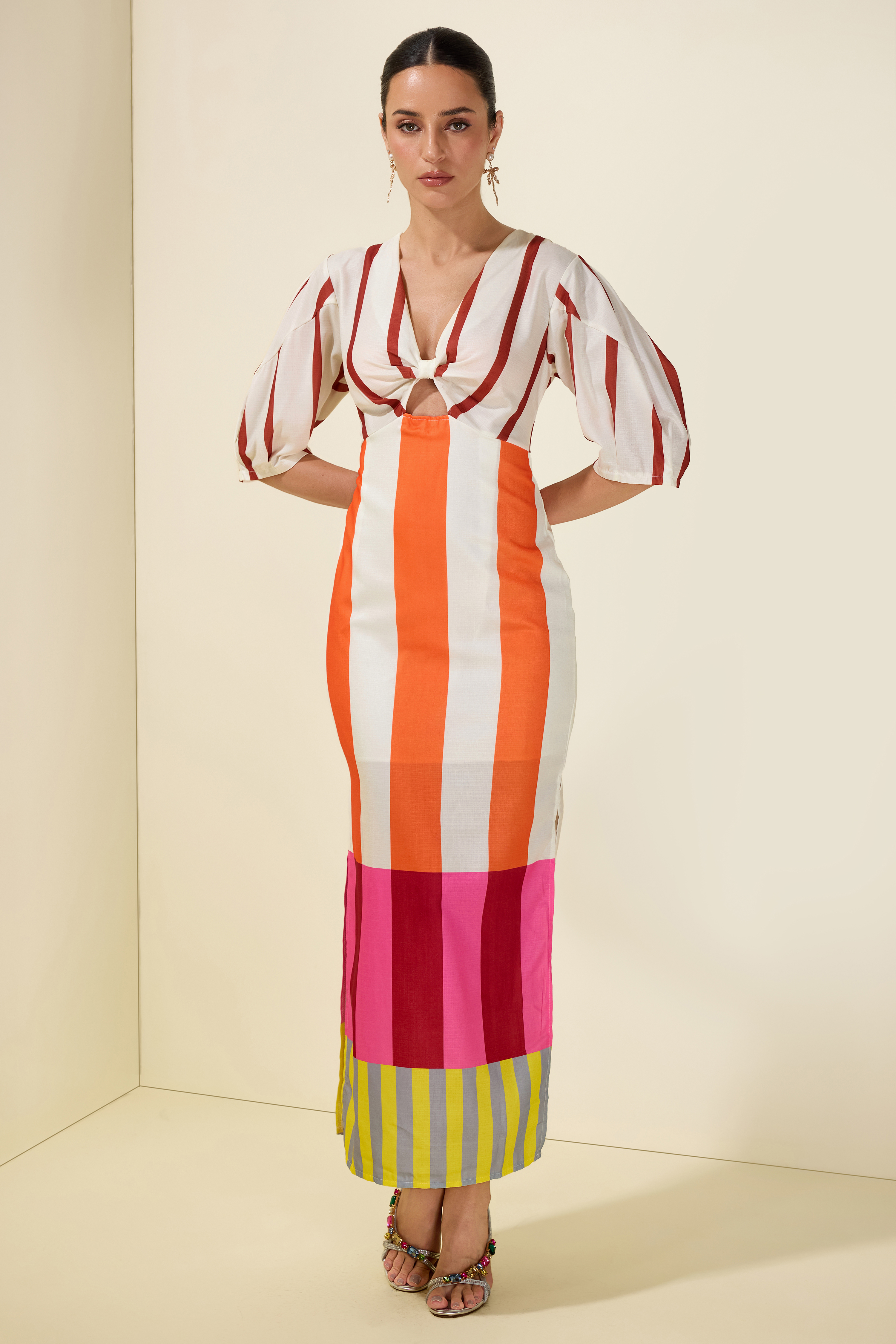 Stripe Knotted Mid Sleeve Midi Dress
