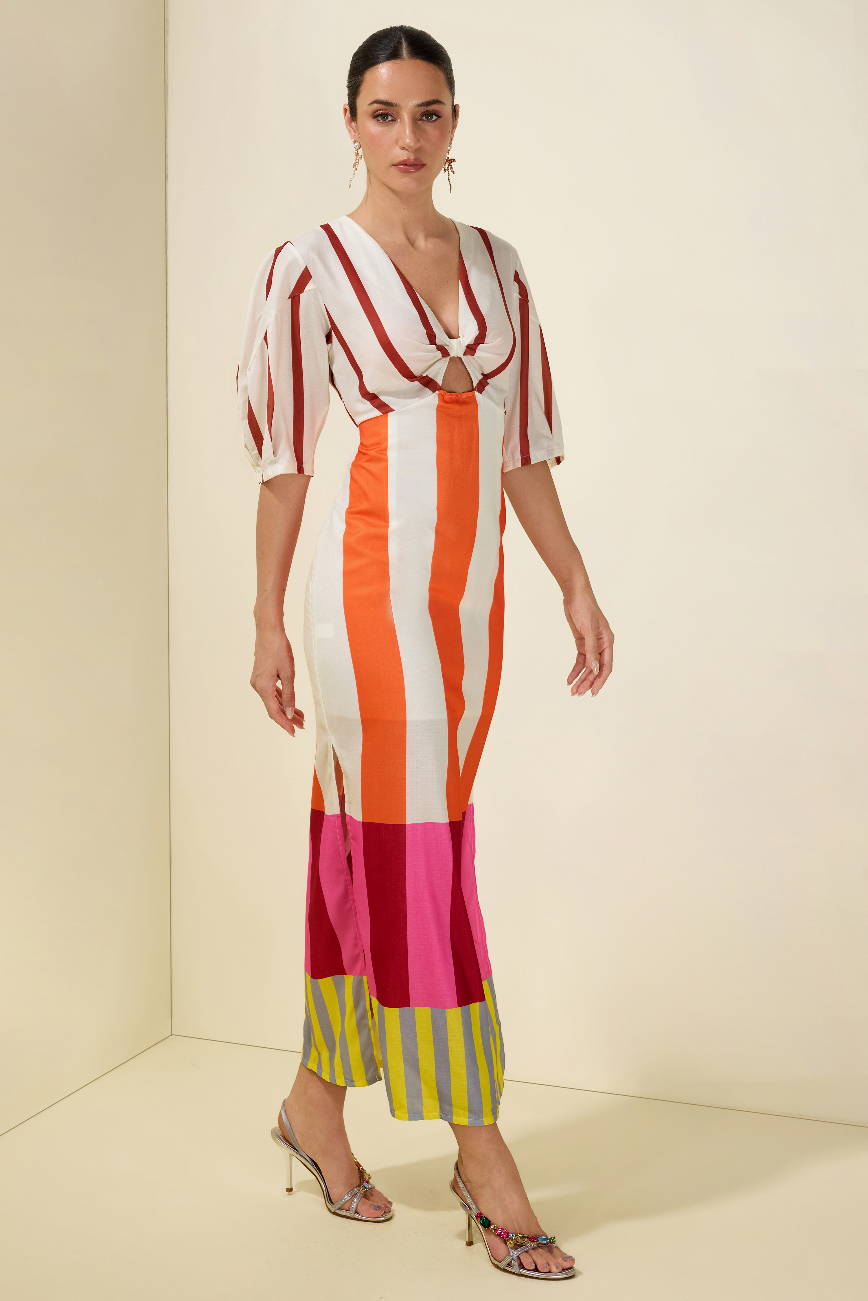 Stripe Knotted Mid Sleeve Midi Dress