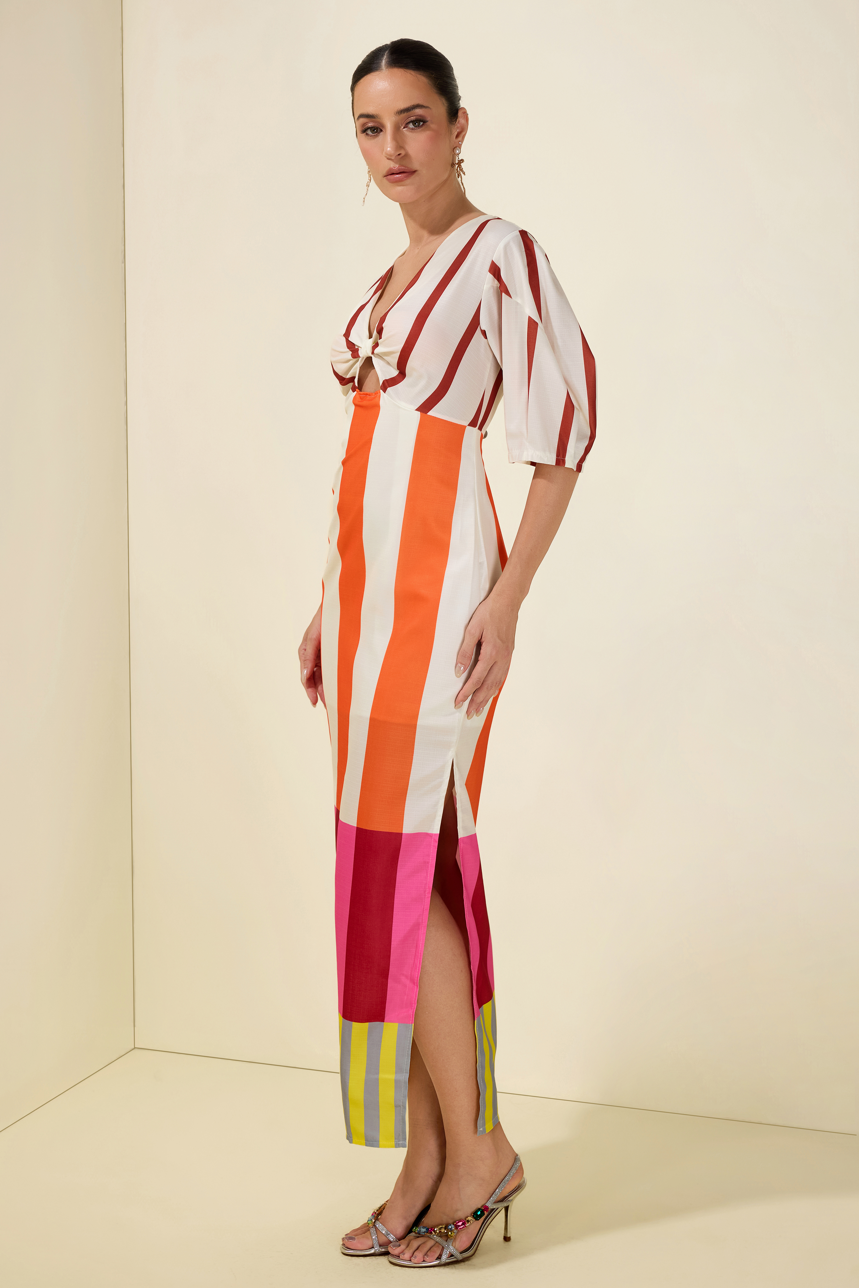Stripe Knotted Mid Sleeve Midi Dress