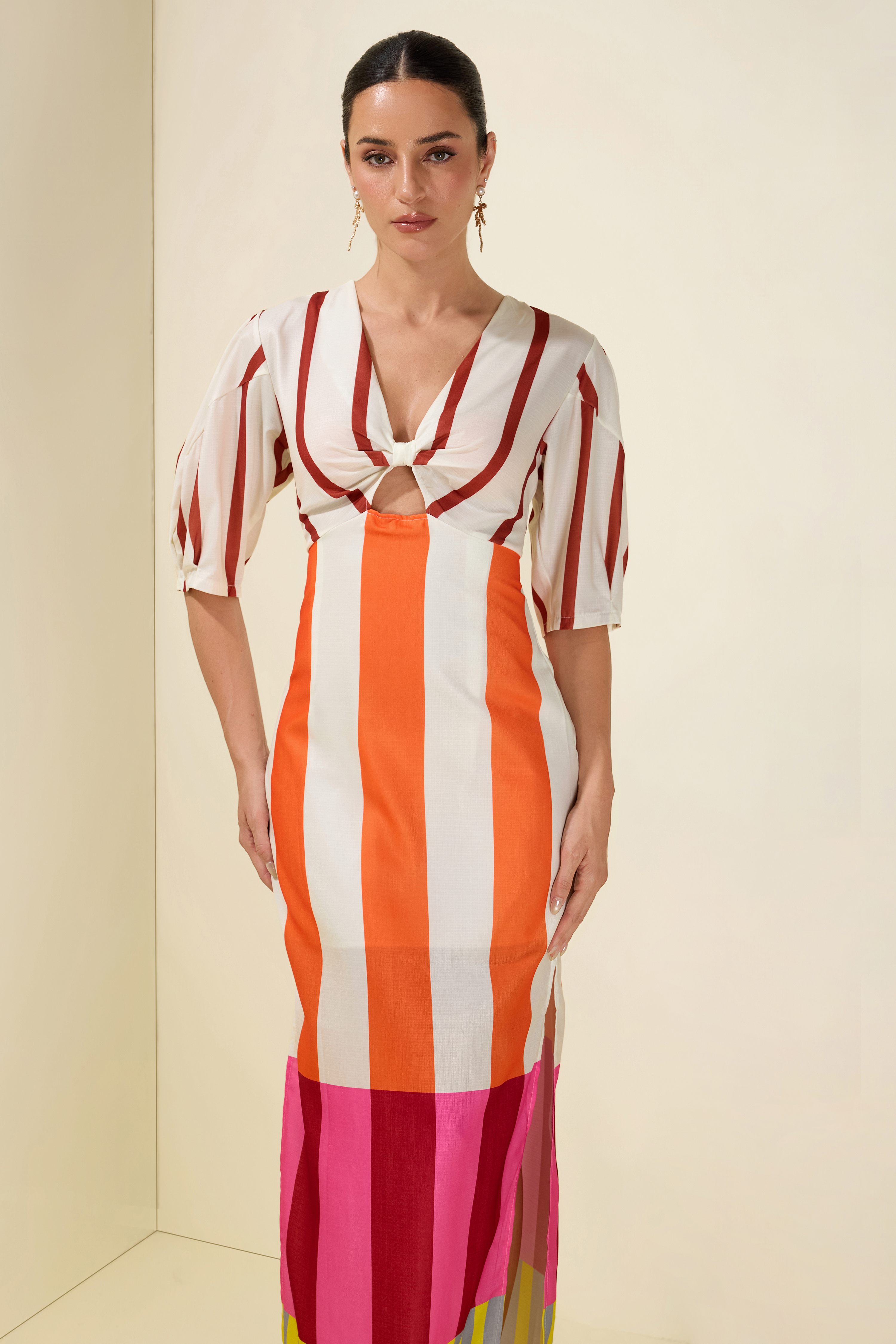 Stripe Knotted Mid Sleeve Midi Dress