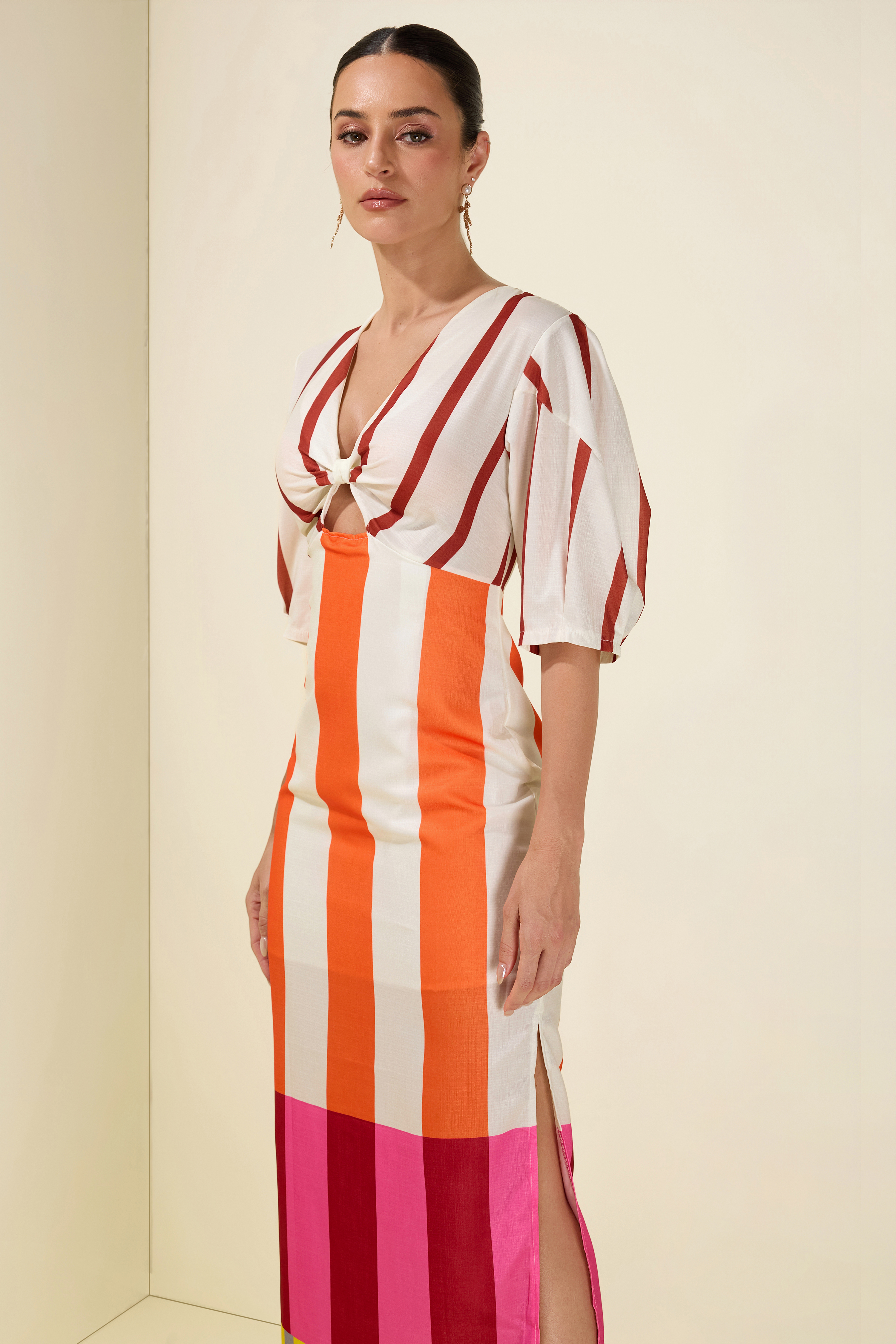 Stripe Knotted Mid Sleeve Midi Dress