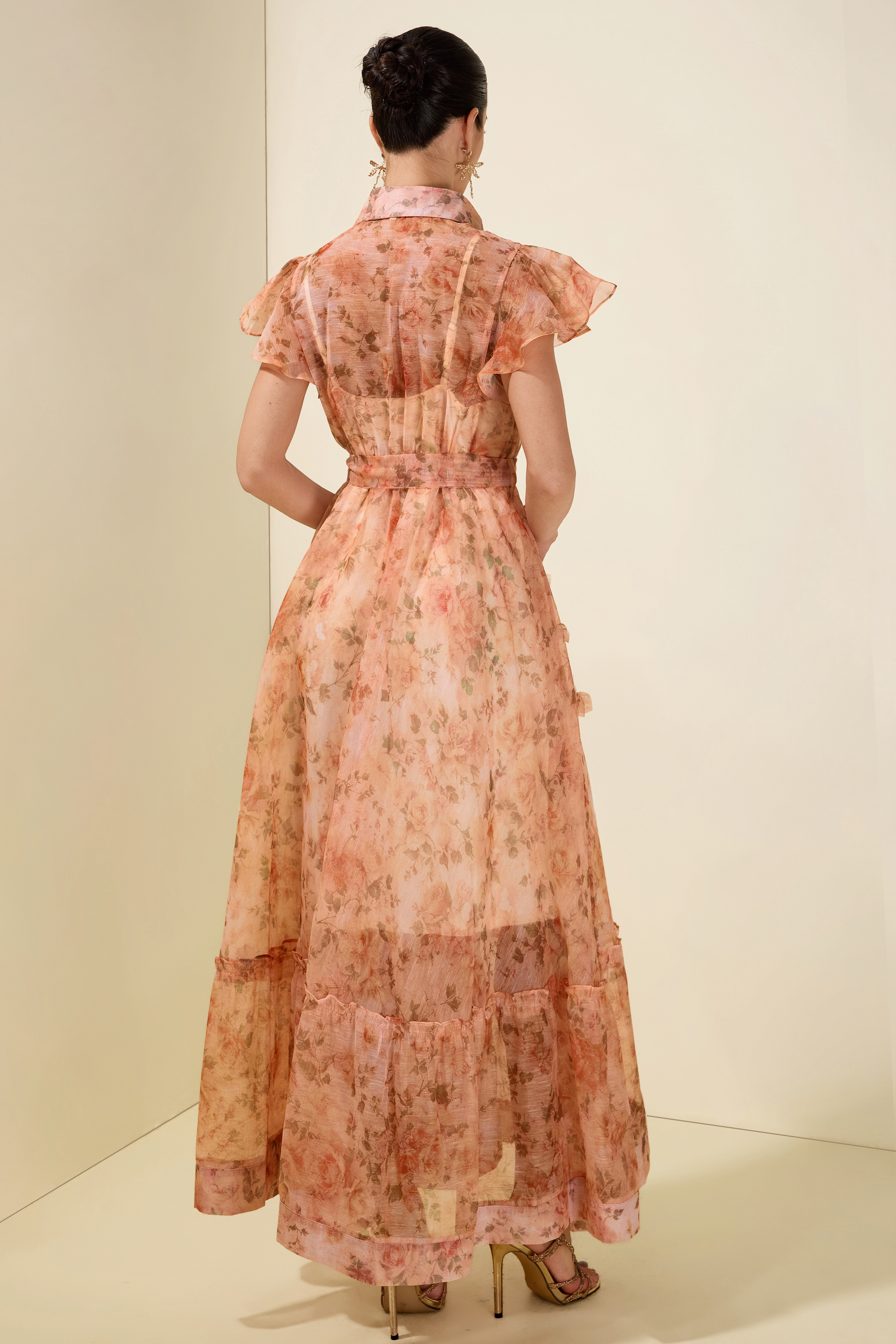 3D Flower Ruffle Button Midi Dress
