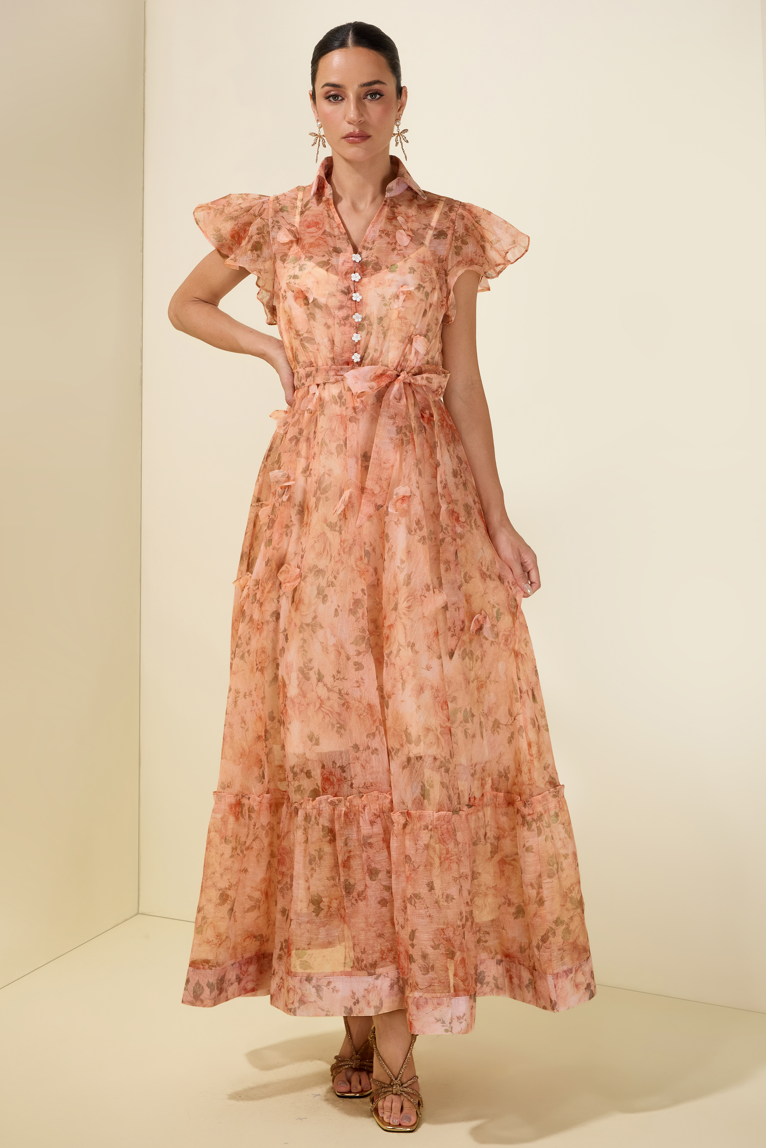 3D Flower Ruffle Button Midi Dress