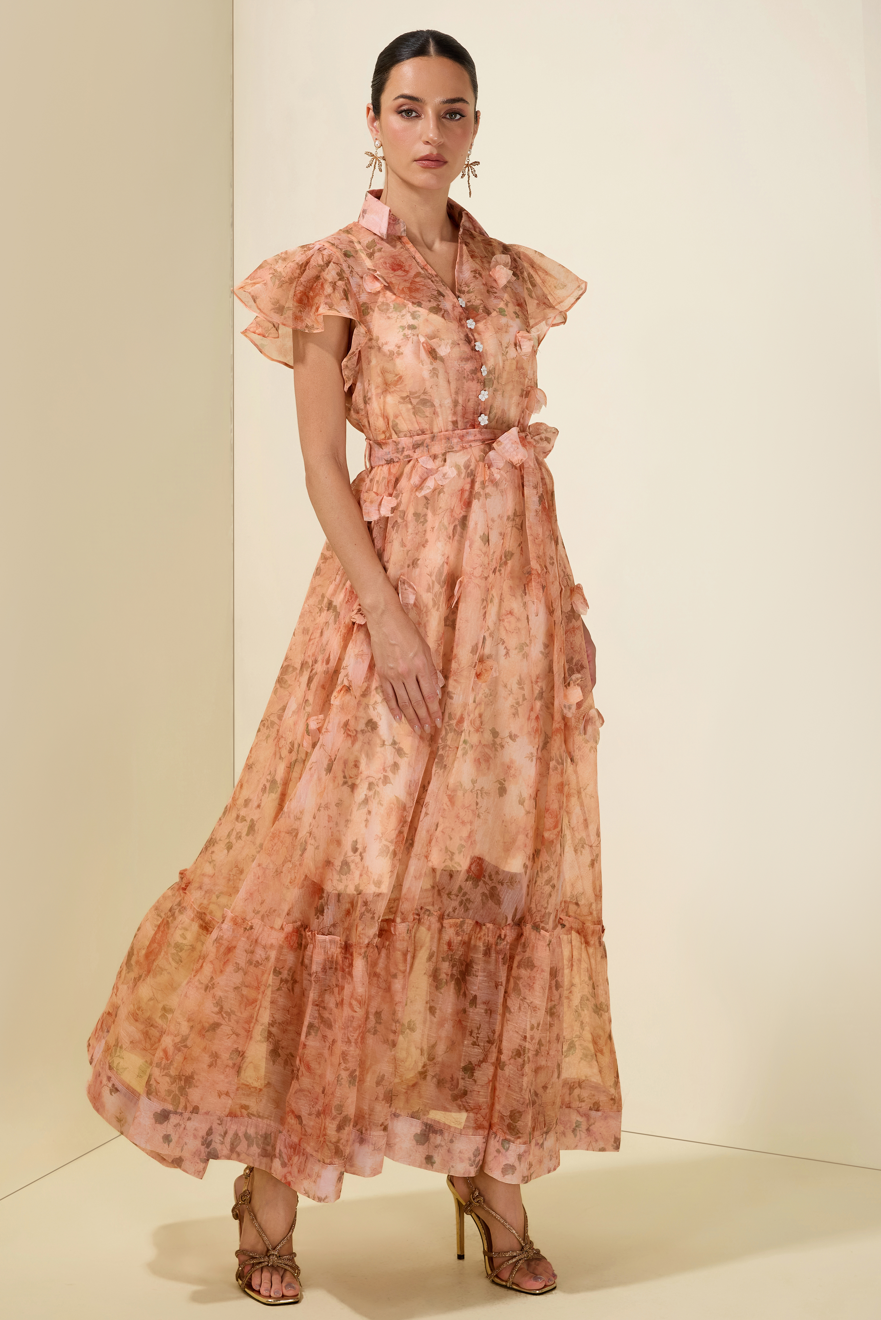 3D Flower Ruffle Button Midi Dress