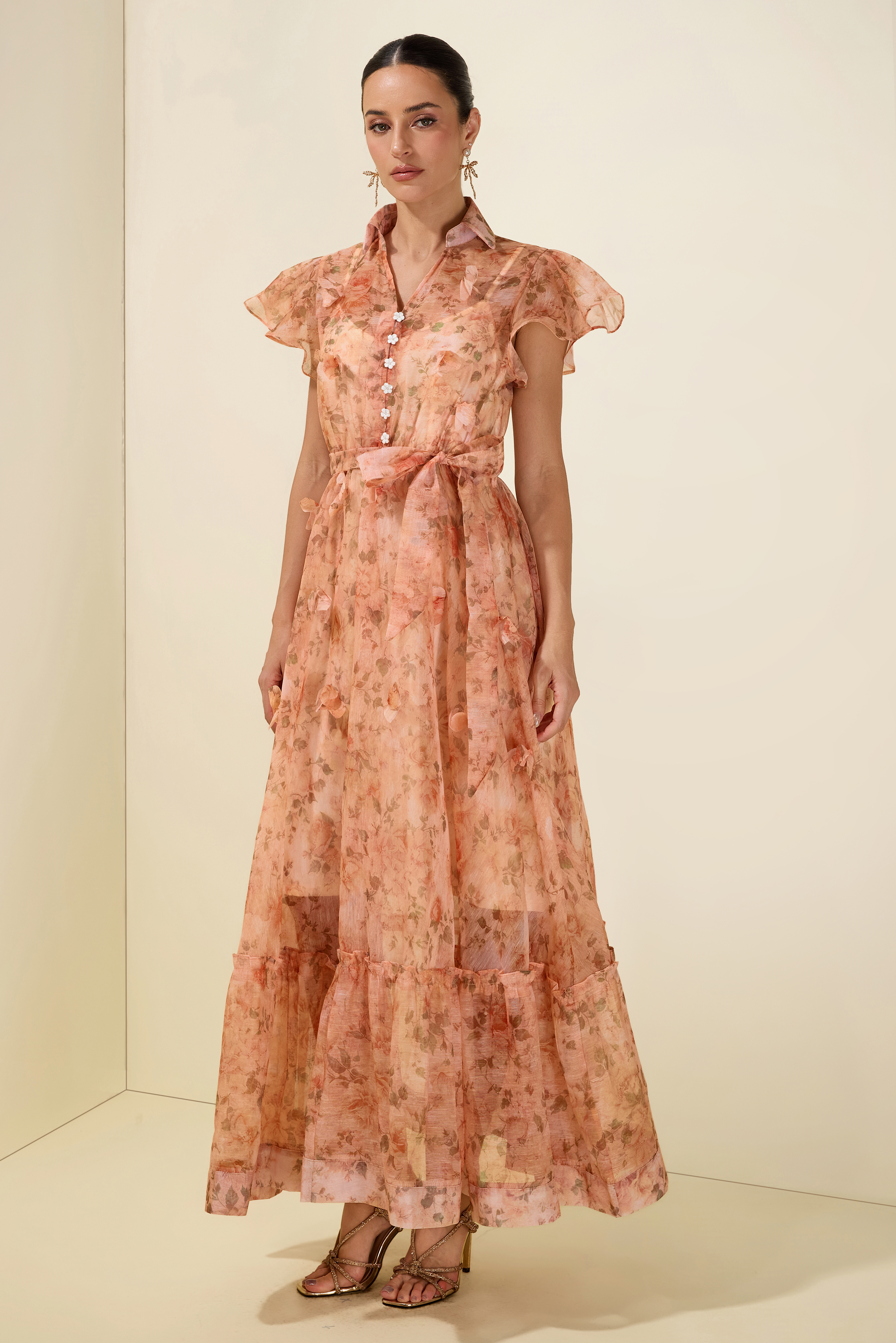 3D Flower Ruffle Button Midi Dress