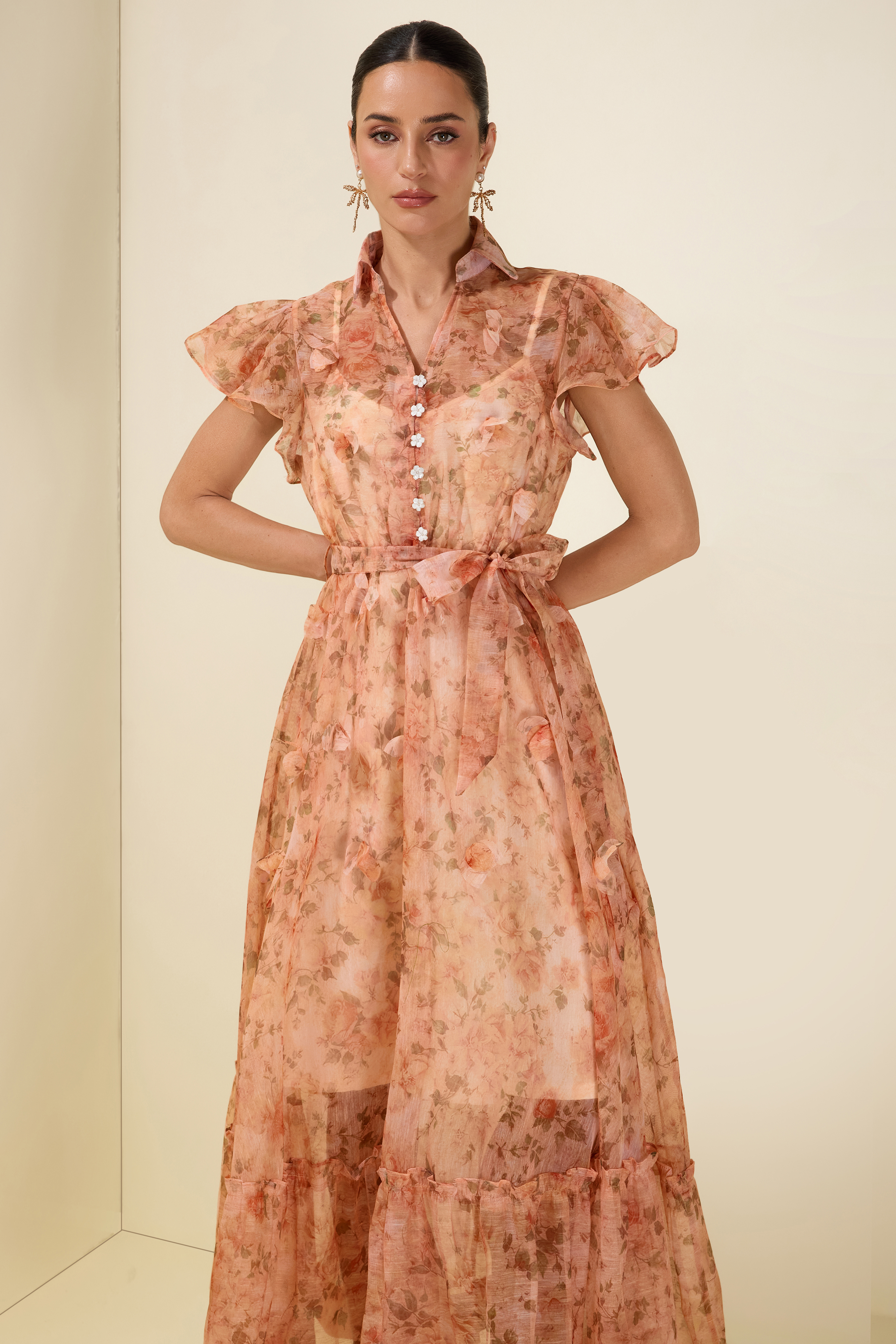 3D Flower Ruffle Button Midi Dress