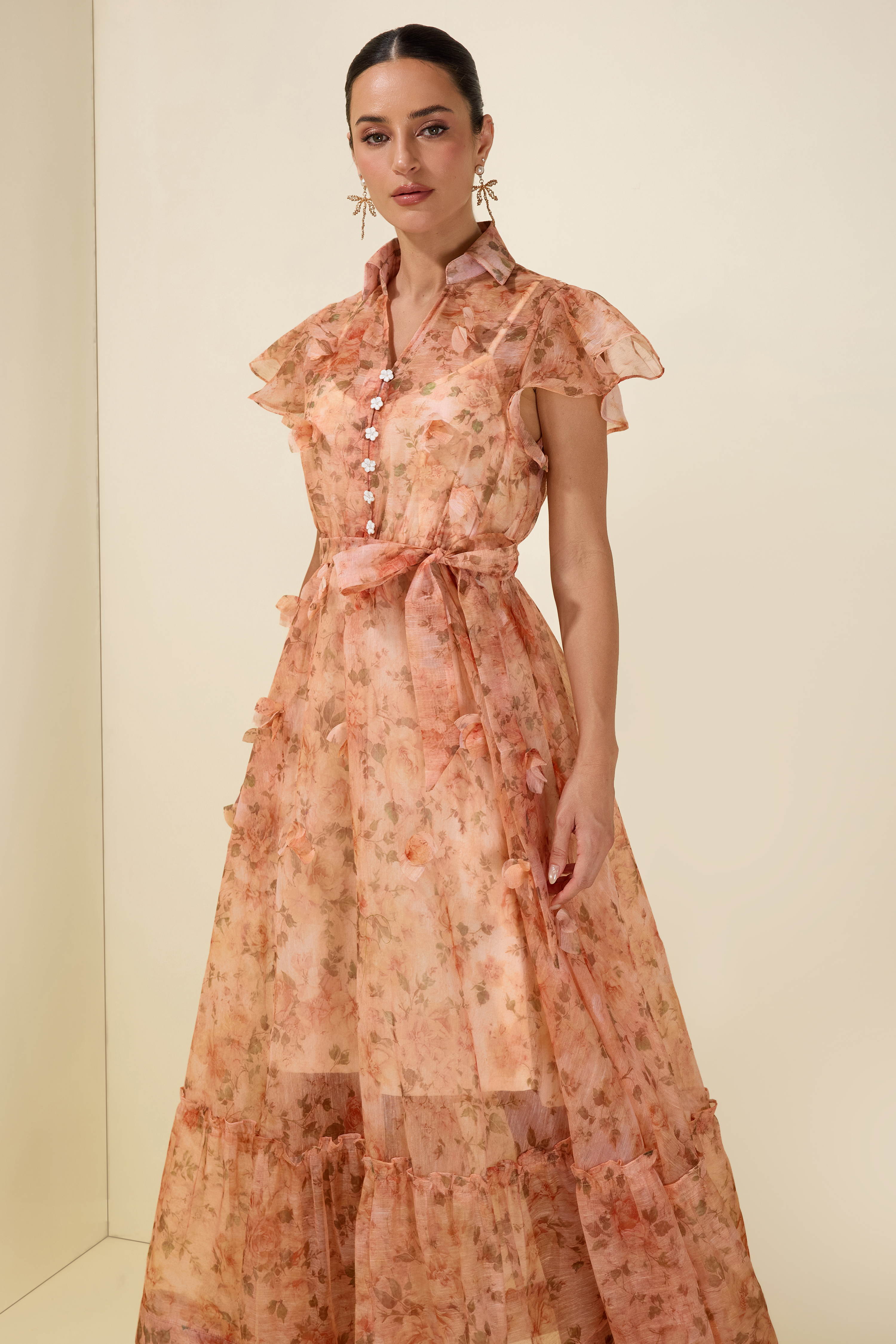 3D Flower Ruffle Button Midi Dress