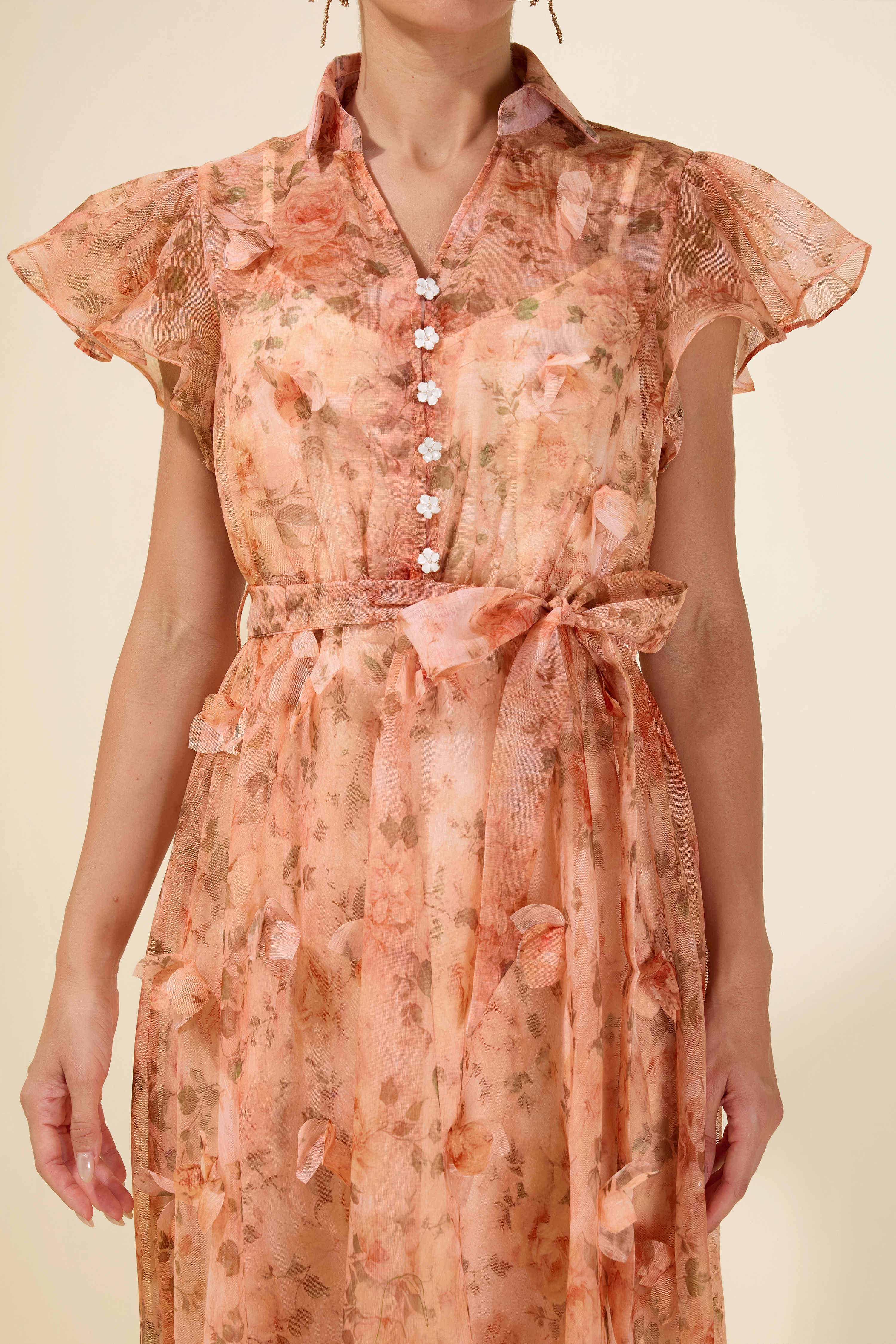3D Flower Ruffle Button Midi Dress