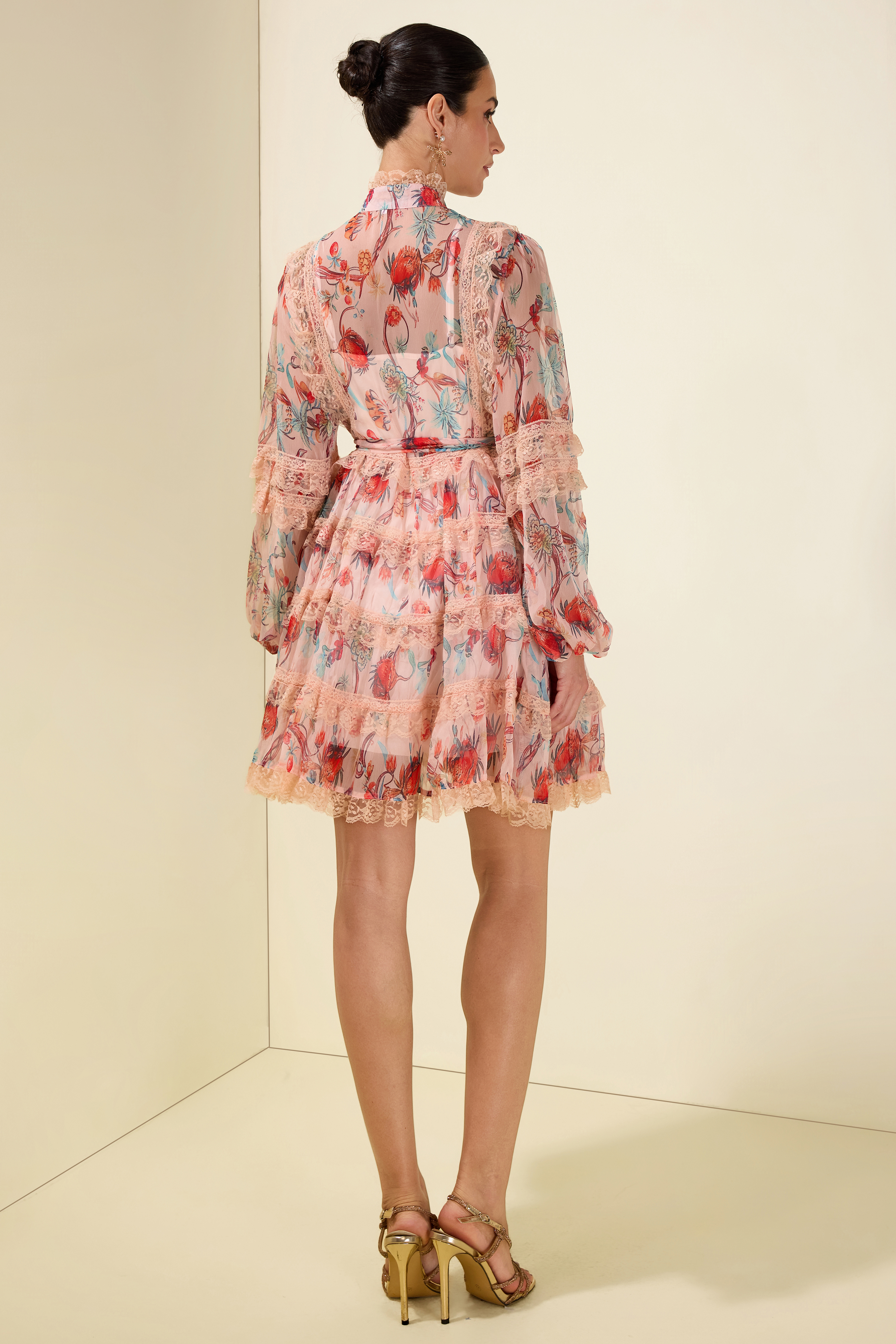 Floral Stand Collar Puff Sleeve Midi Dress