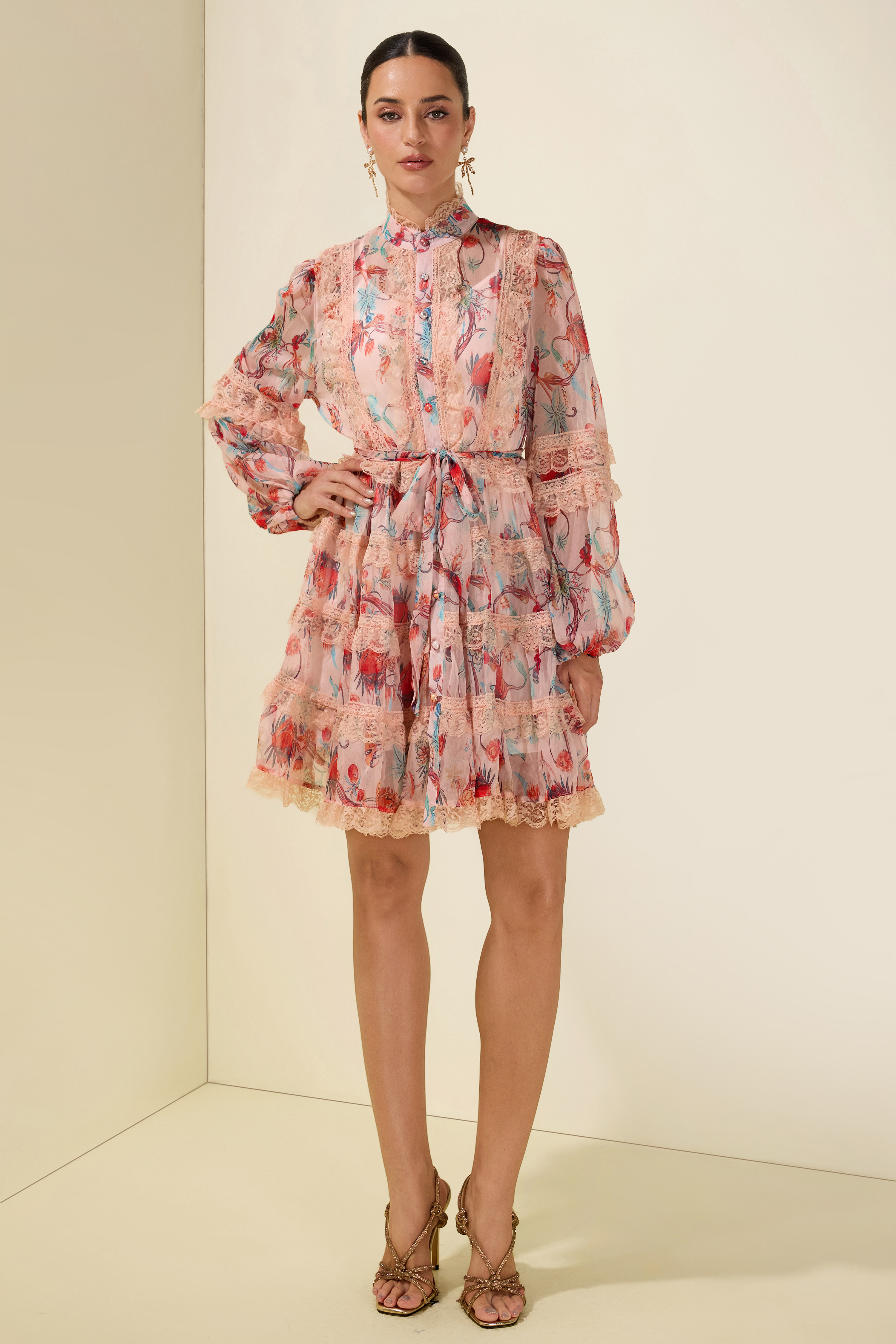 Floral Stand Collar Puff Sleeve Midi Dress