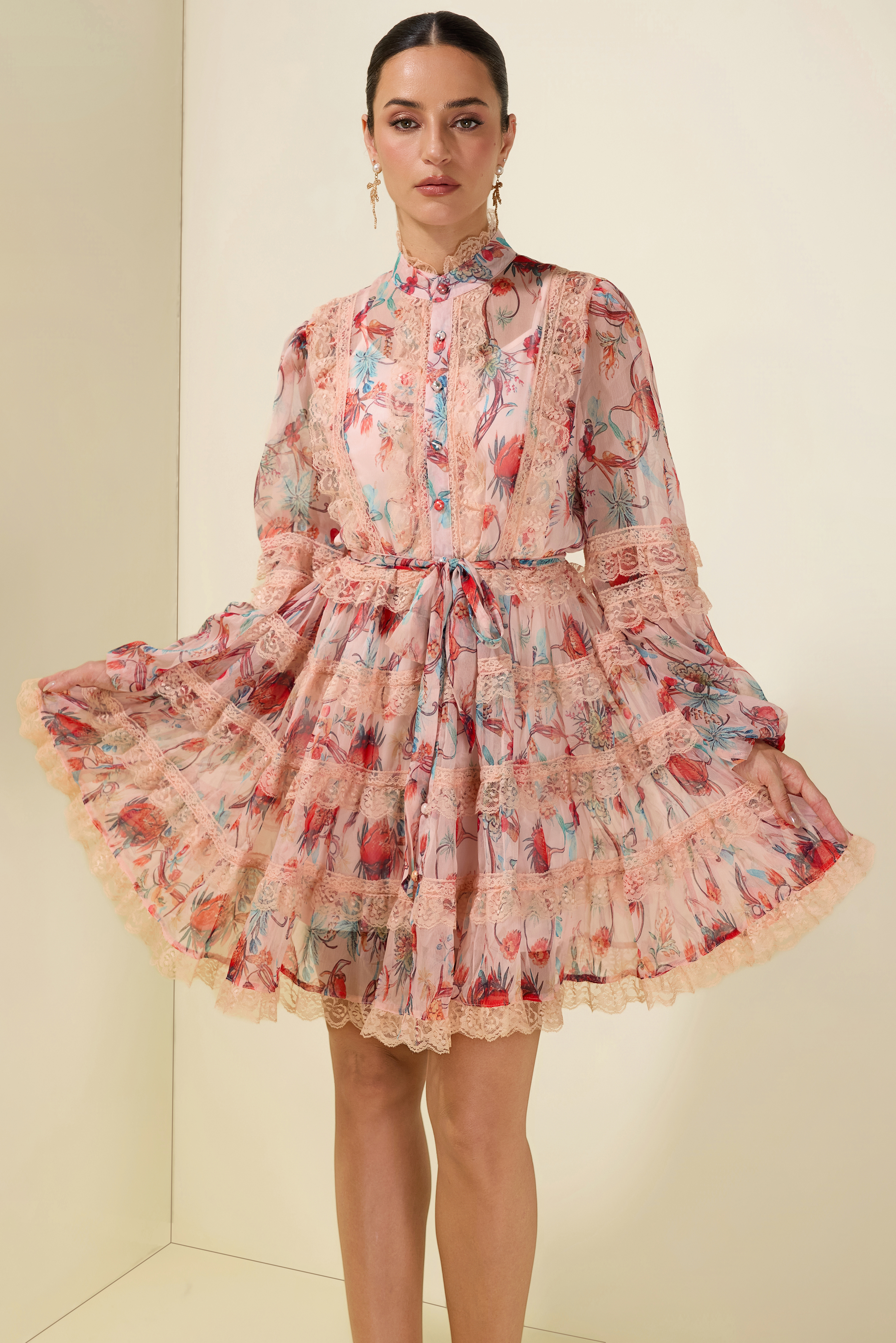 Floral Stand Collar Puff Sleeve Midi Dress